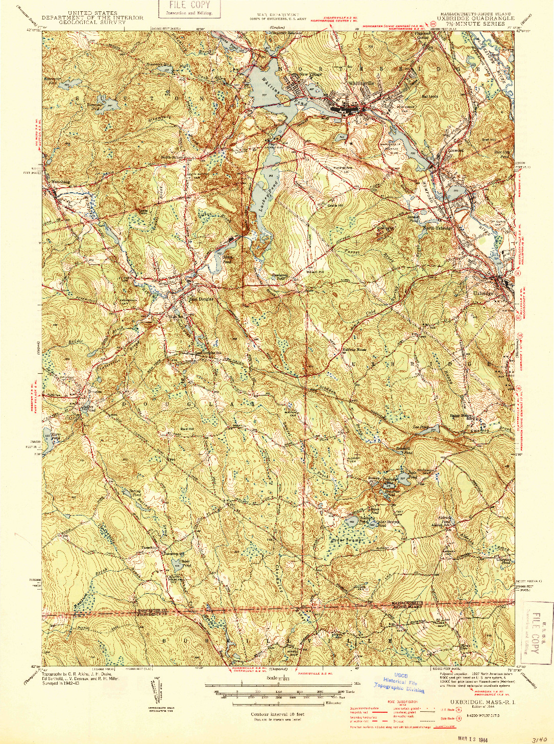 USGS 1:31680-SCALE QUADRANGLE FOR UXBRIDGE, MA 1944