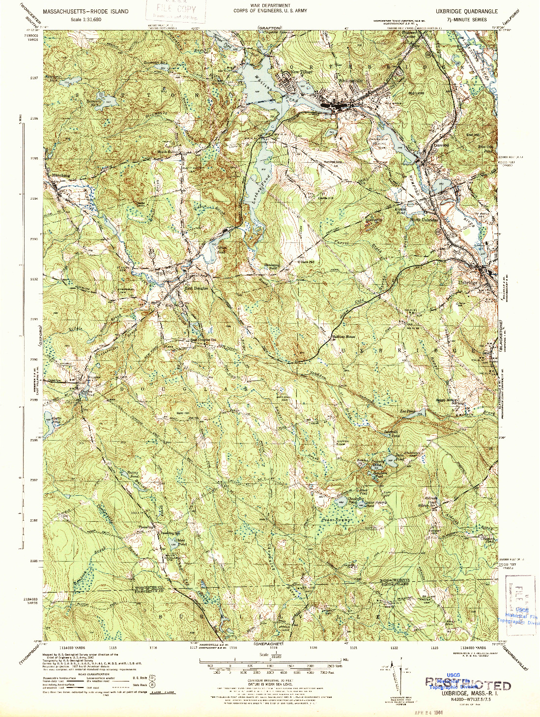 USGS 1:31680-SCALE QUADRANGLE FOR UXBRIDGE, MA 1944