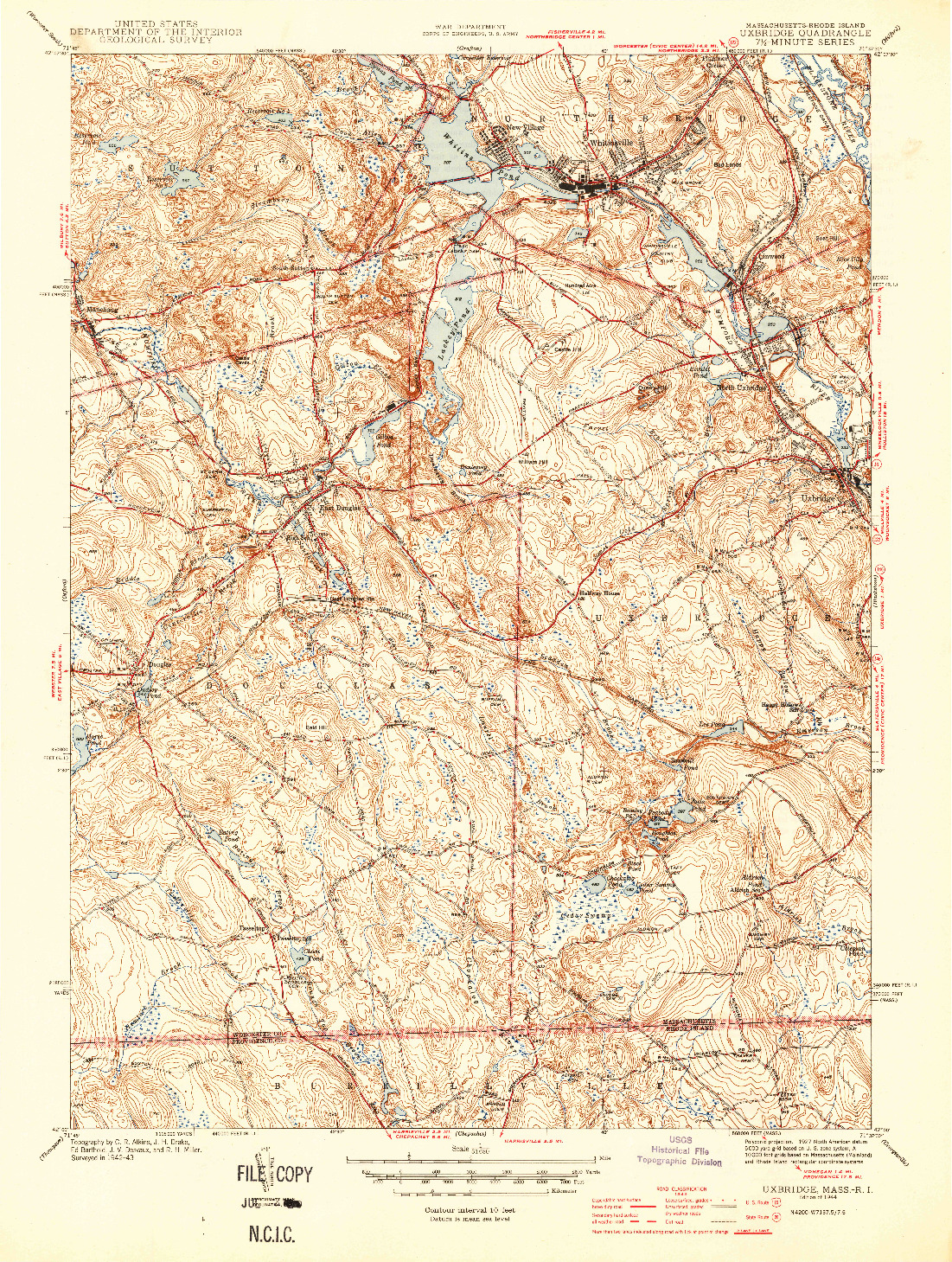 USGS 1:31680-SCALE QUADRANGLE FOR UXBRIDGE, MA 1944