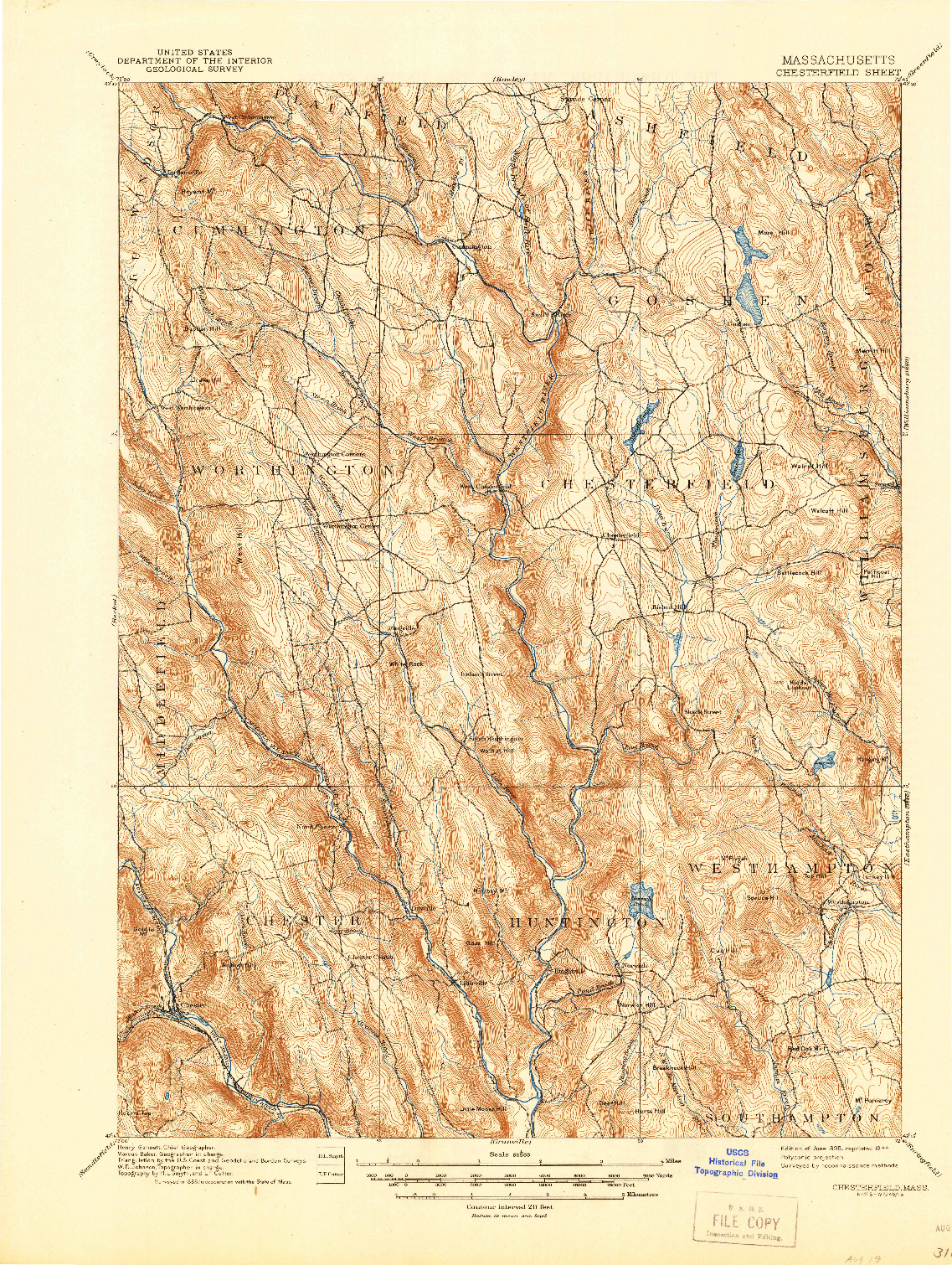 USGS 1:62500-SCALE QUADRANGLE FOR CHESTERFIELD, MA 1895