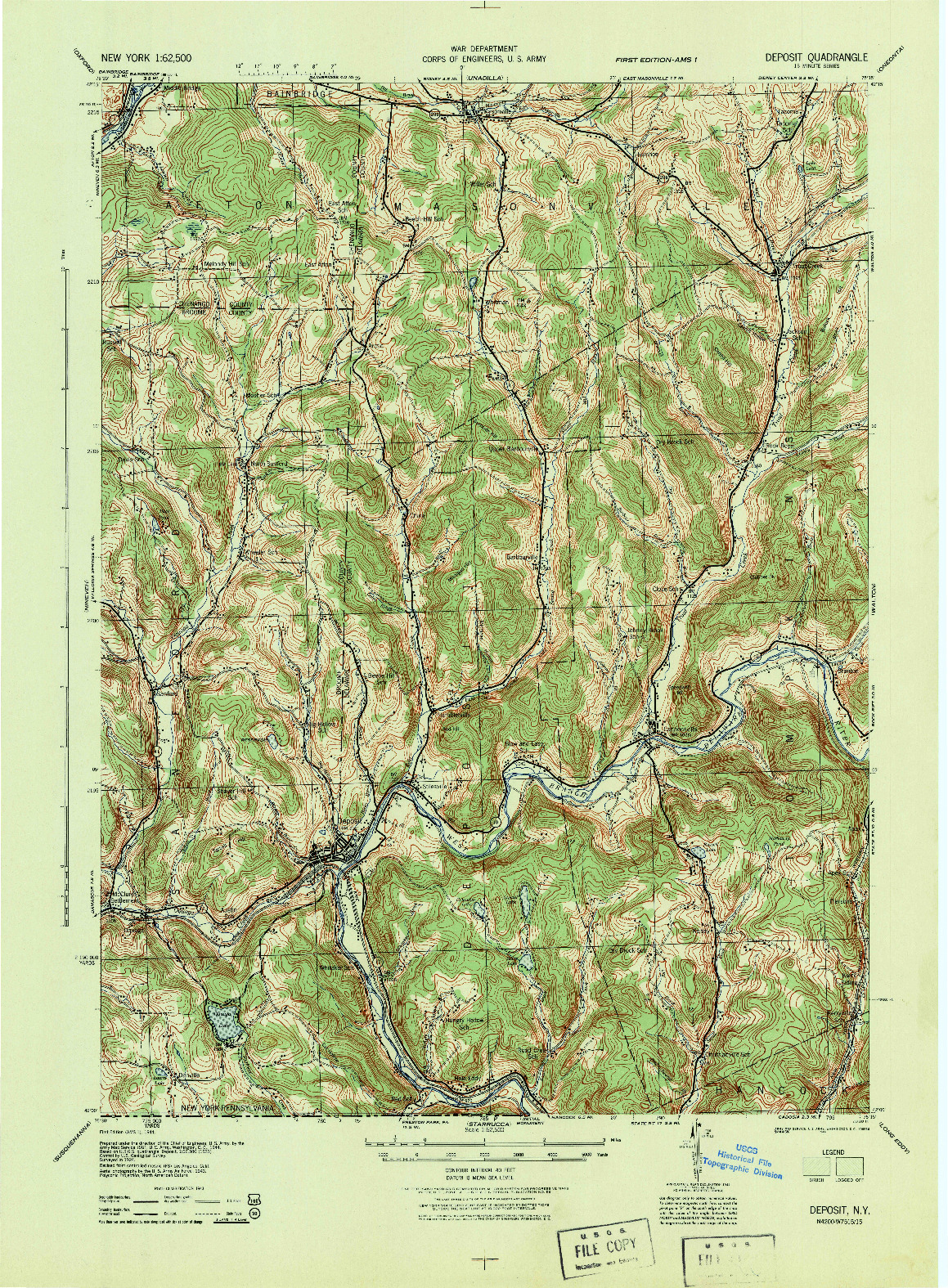 USGS 1:62500-SCALE QUADRANGLE FOR DEPOSIT, NY 1944