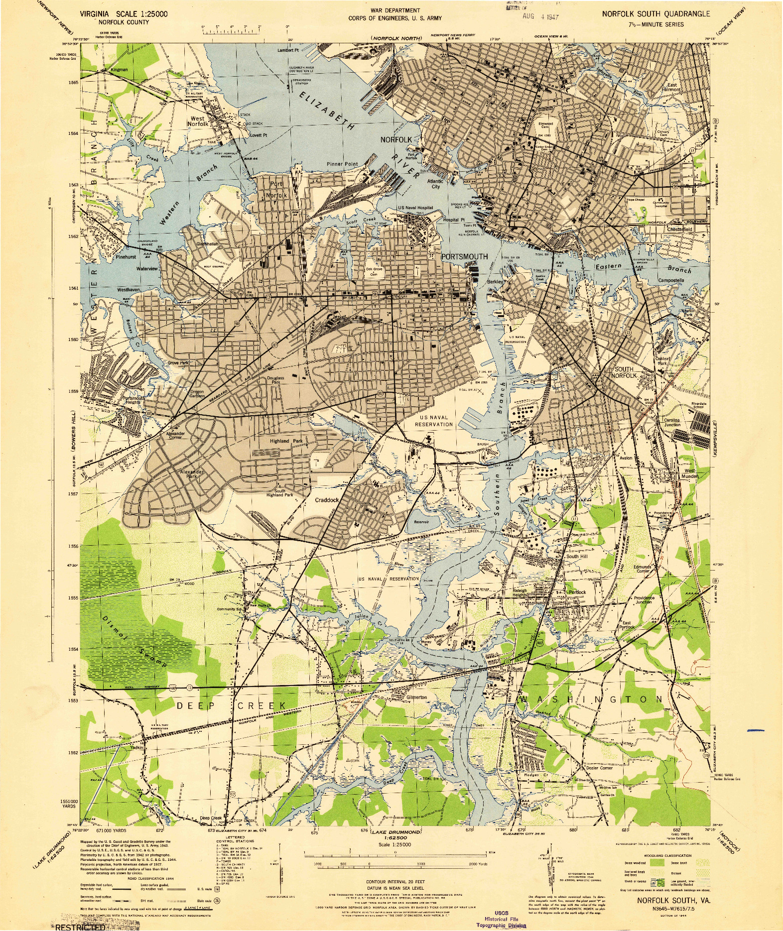 USGS 1:25000-SCALE QUADRANGLE FOR NORFOLK SOUTH, VA 1944