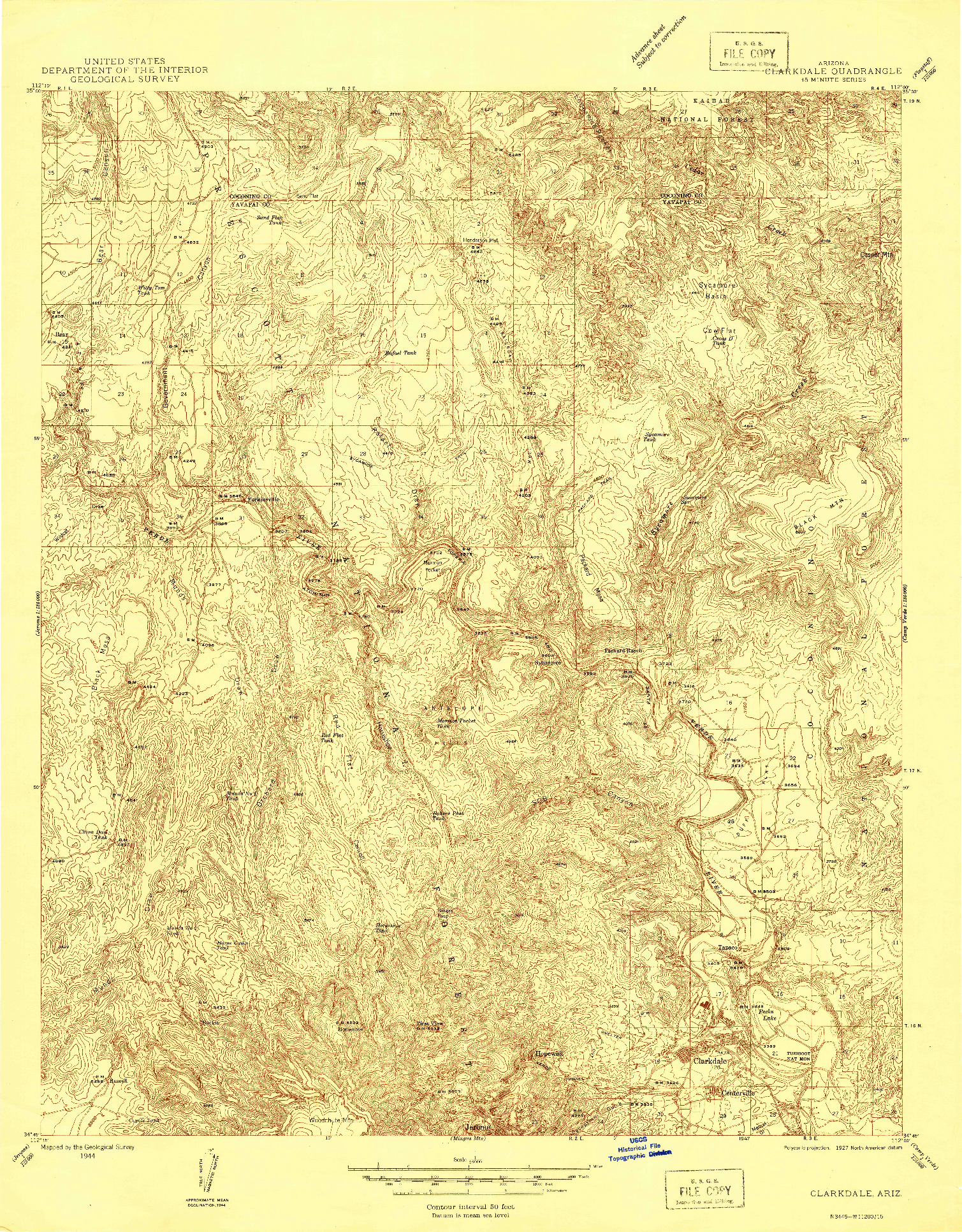 USGS 1:48000-SCALE QUADRANGLE FOR CLARKDALE, AZ 1944