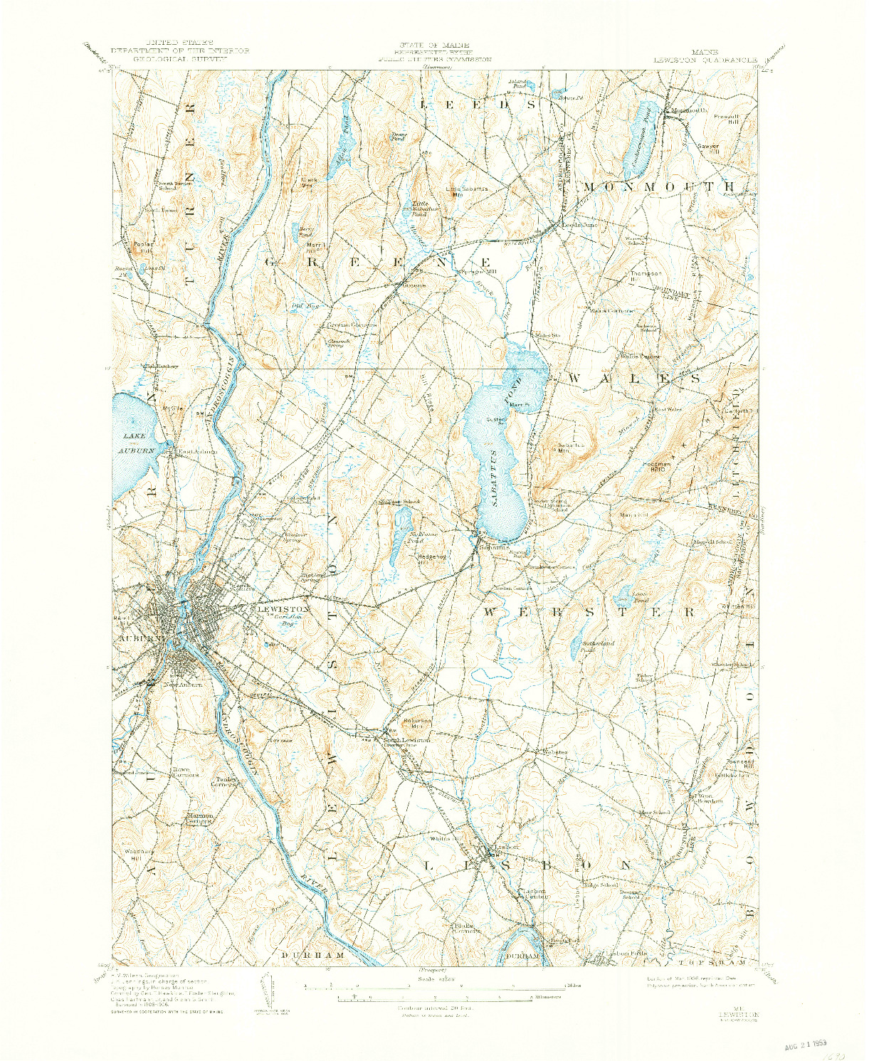 USGS 1:62500-SCALE QUADRANGLE FOR LEWISTON, ME 1908