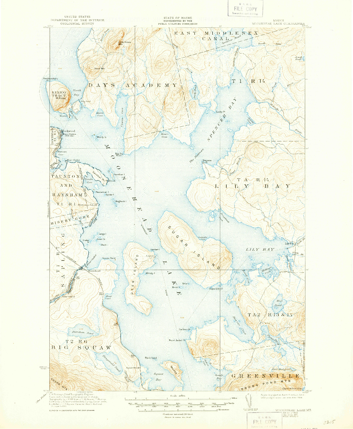 USGS 1:62500-SCALE QUADRANGLE FOR MOOSEHEAD LAKE, ME 1922