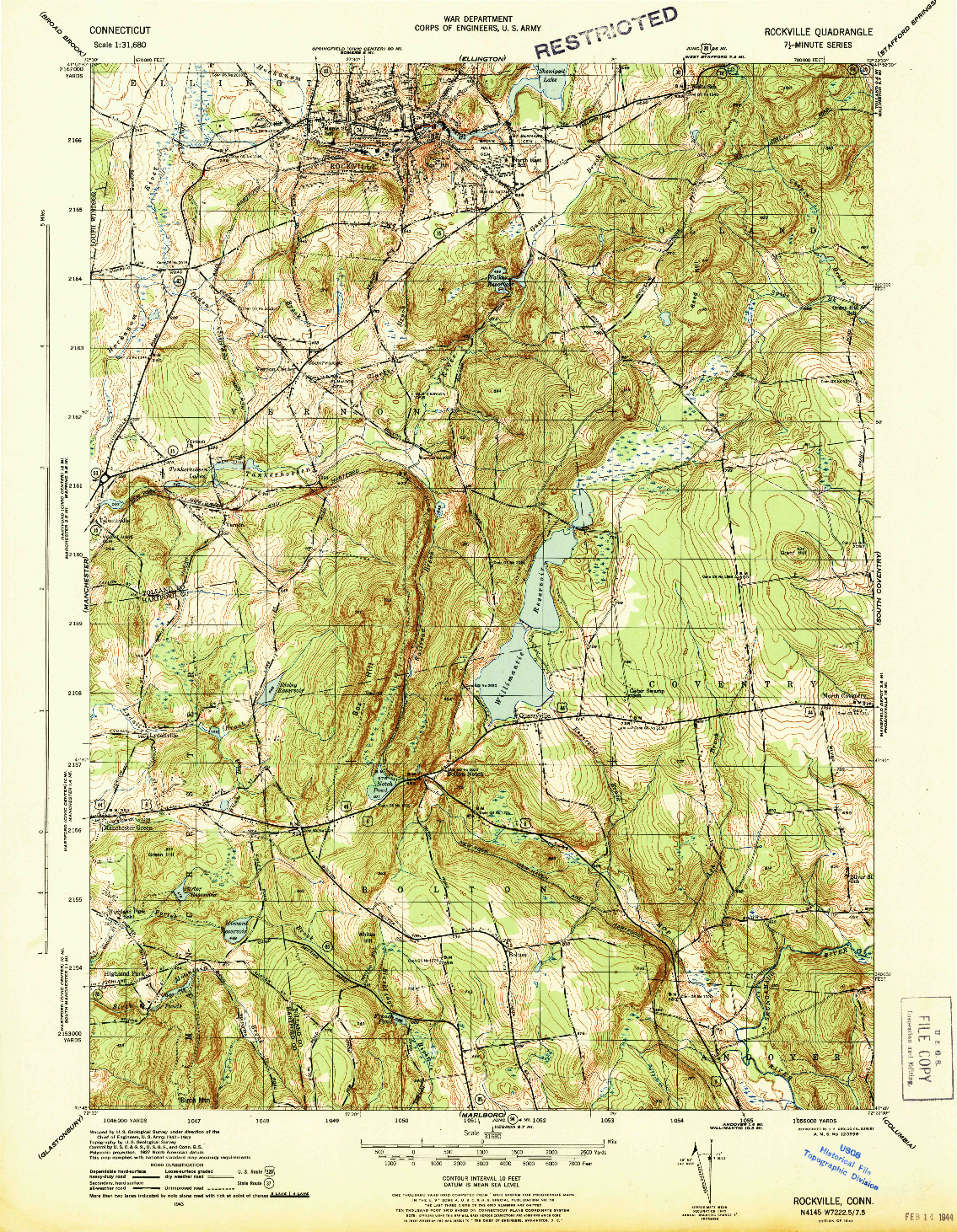 USGS 1:31680-SCALE QUADRANGLE FOR ROCKVILLE, CT 1944