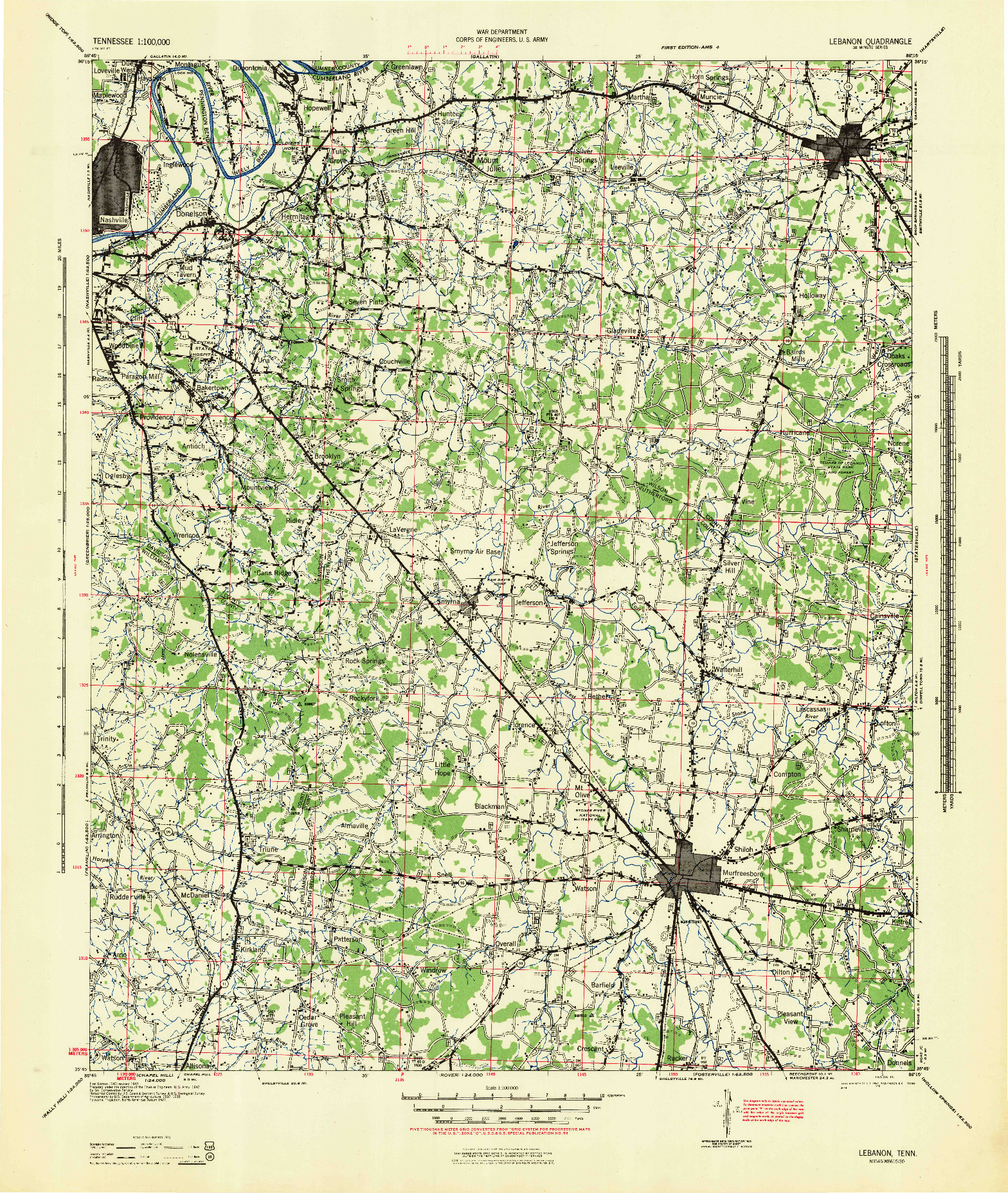 USGS 1:100000-SCALE QUADRANGLE FOR LEBANON, TN 1942
