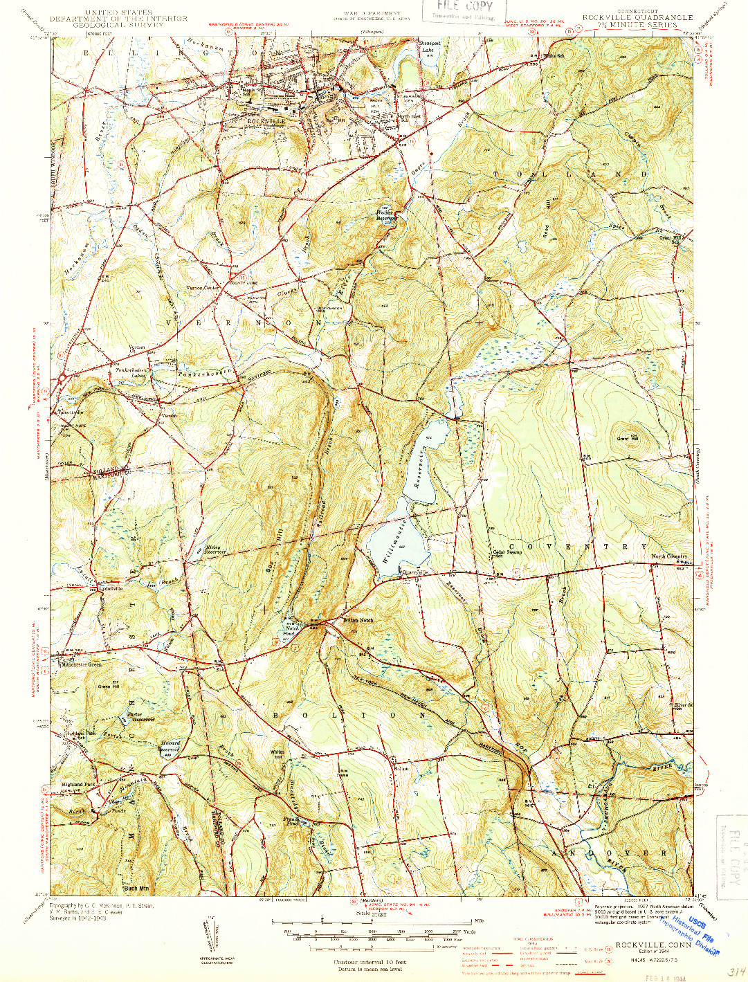USGS 1:31680-SCALE QUADRANGLE FOR ROCKVILLE, CT 1944