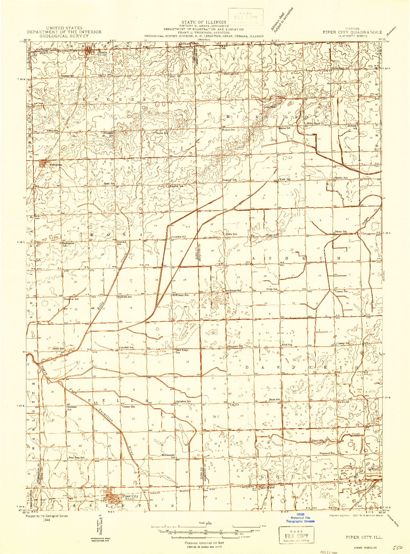 USGS 1:48000-SCALE QUADRANGLE FOR PIPER CITY, IL 1944