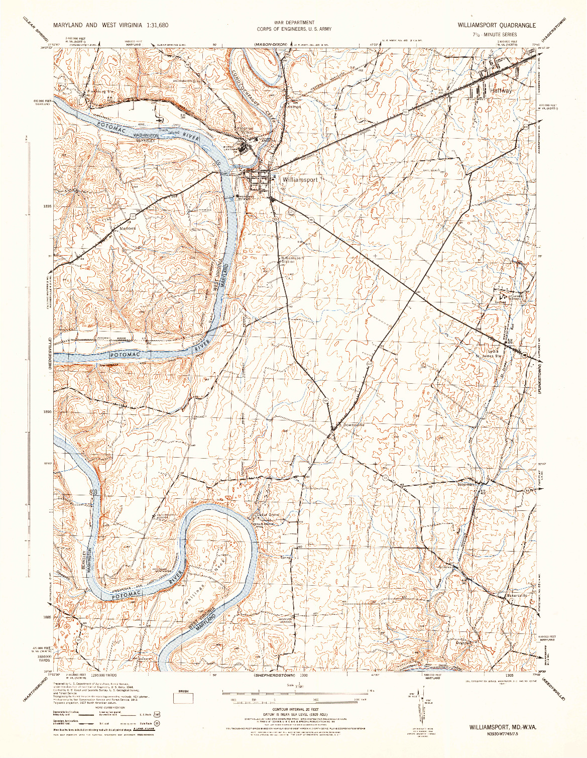 USGS 1:31680-SCALE QUADRANGLE FOR WILLIAMSPORT, MD 1944