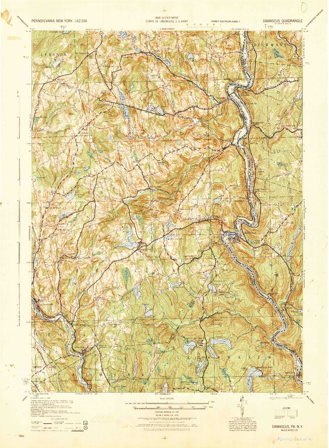 USGS 1:62500-SCALE QUADRANGLE FOR DAMASCUS, PA 1944