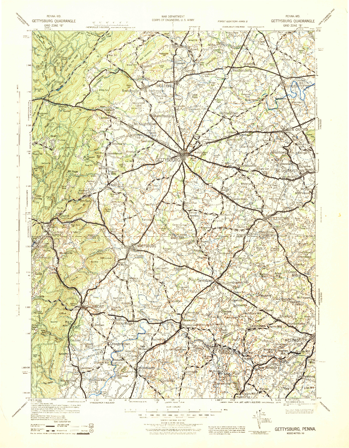 USGS 1:125000-SCALE QUADRANGLE FOR GETTYSBURG, PA 1942