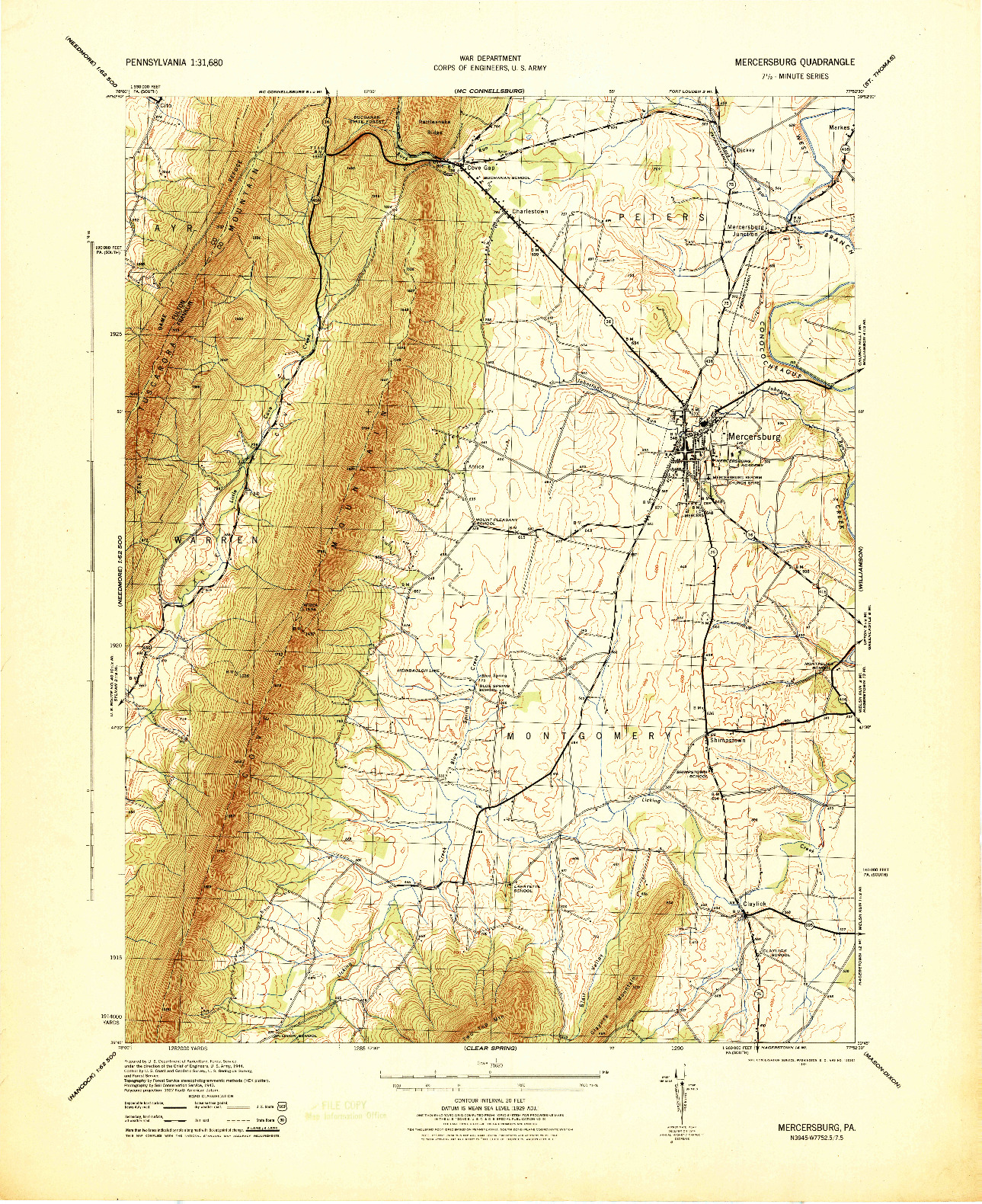USGS 1:31680-SCALE QUADRANGLE FOR MERCERSBURG, PA 1944