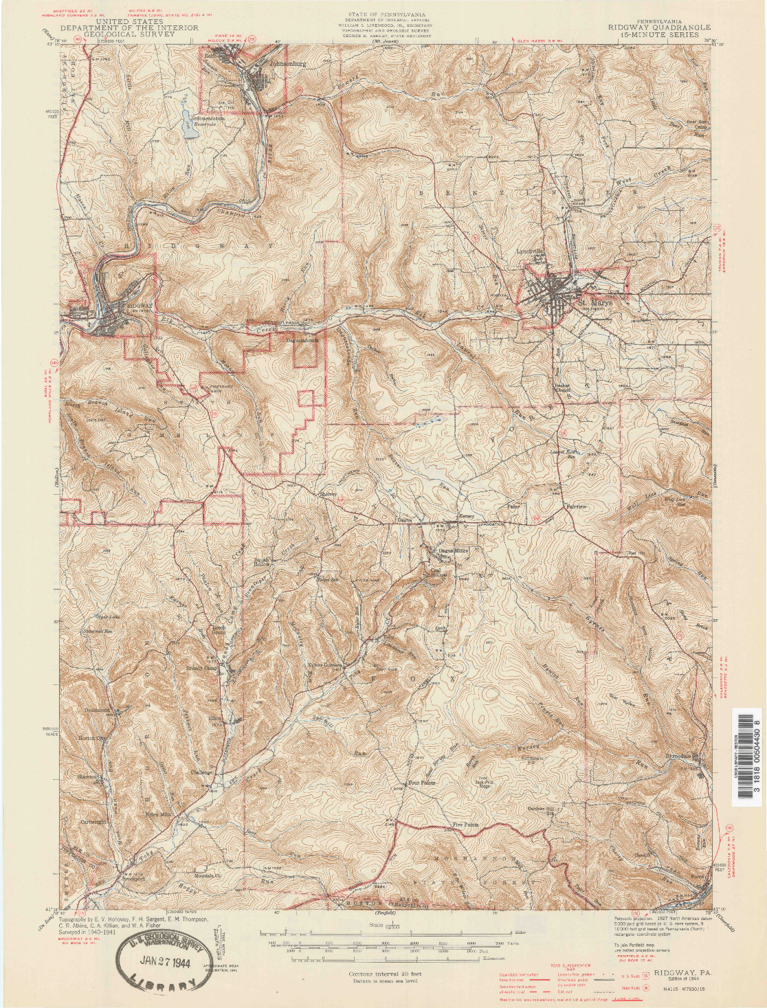 USGS 1:62500-SCALE QUADRANGLE FOR RIDGWAY, PA 1944