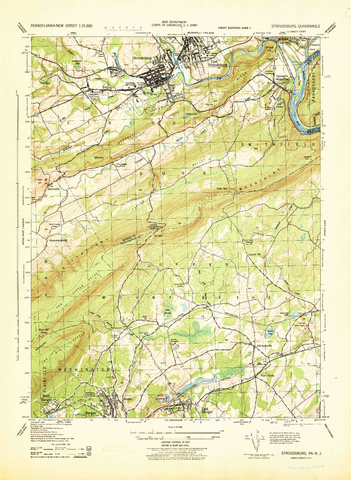 USGS 1:31680-SCALE QUADRANGLE FOR STROUDSBURG, PA 1943