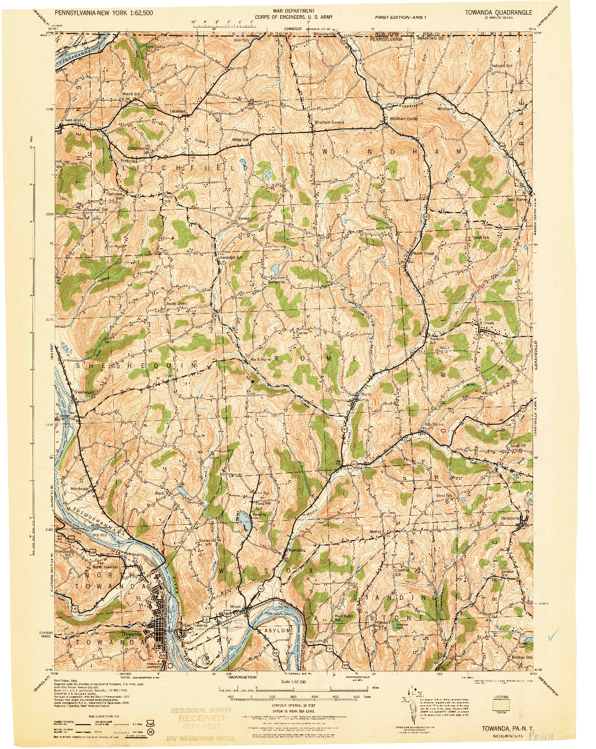 USGS 1:62500-SCALE QUADRANGLE FOR TOWANDA, PA 1943