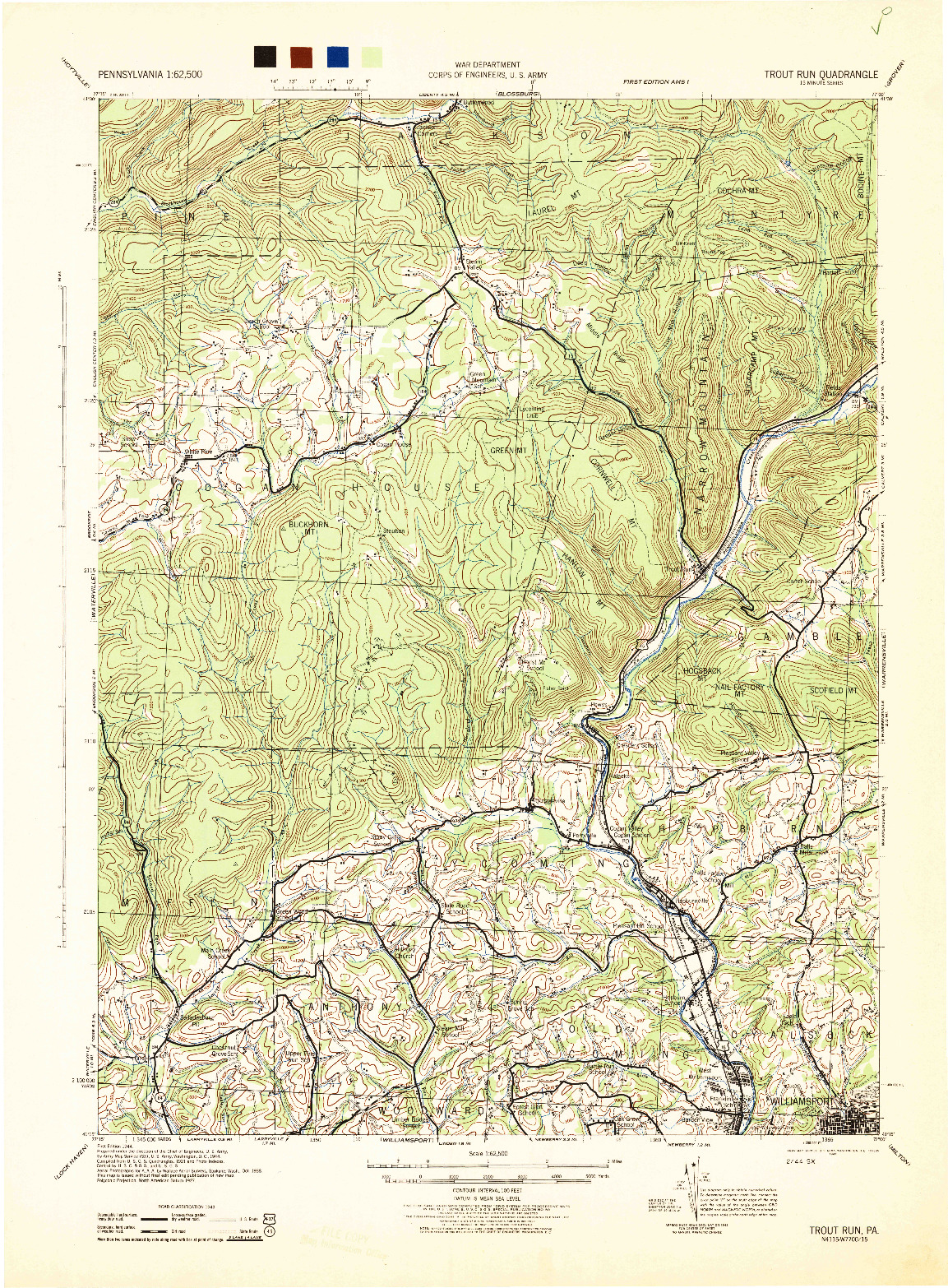 USGS 1:62500-SCALE QUADRANGLE FOR TROUT RUN, PA 1944