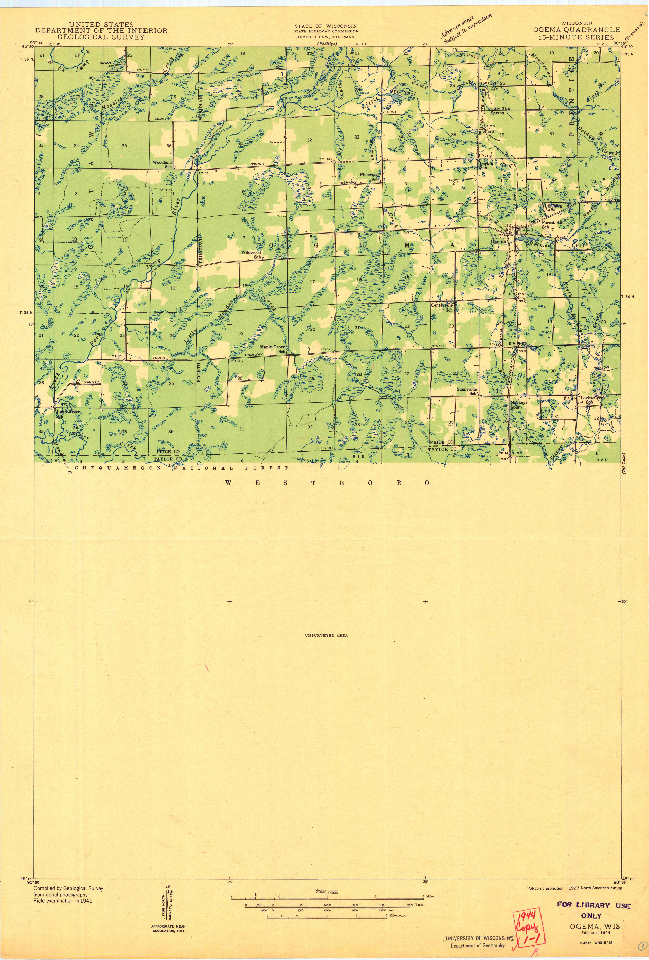 USGS 1:48000-SCALE QUADRANGLE FOR OGEMA, WI 1944