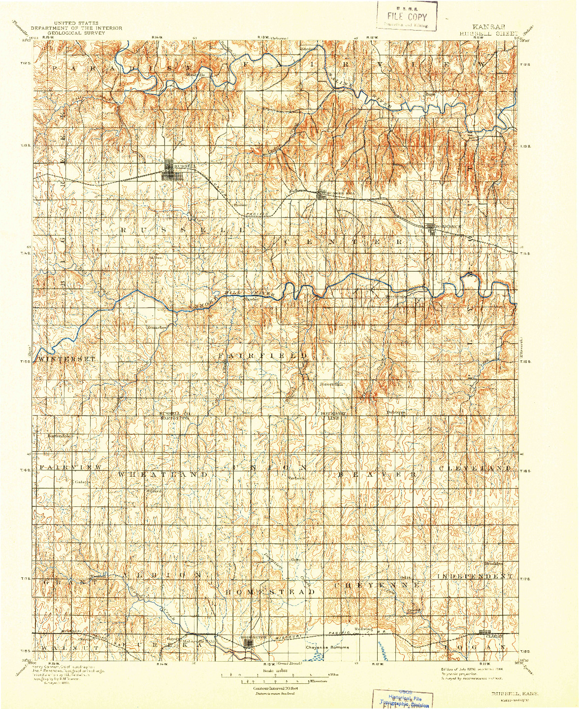 USGS 1:125000-SCALE QUADRANGLE FOR RUSSELL, KS 1896