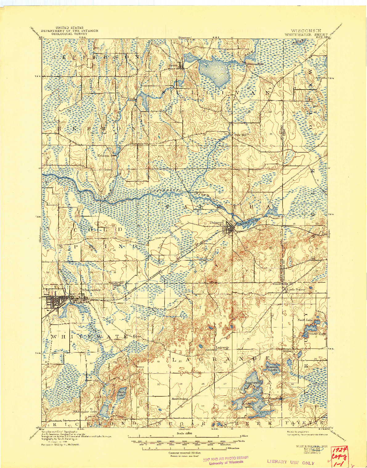 USGS 1:62500-SCALE QUADRANGLE FOR WHITEWATER, WI 1924