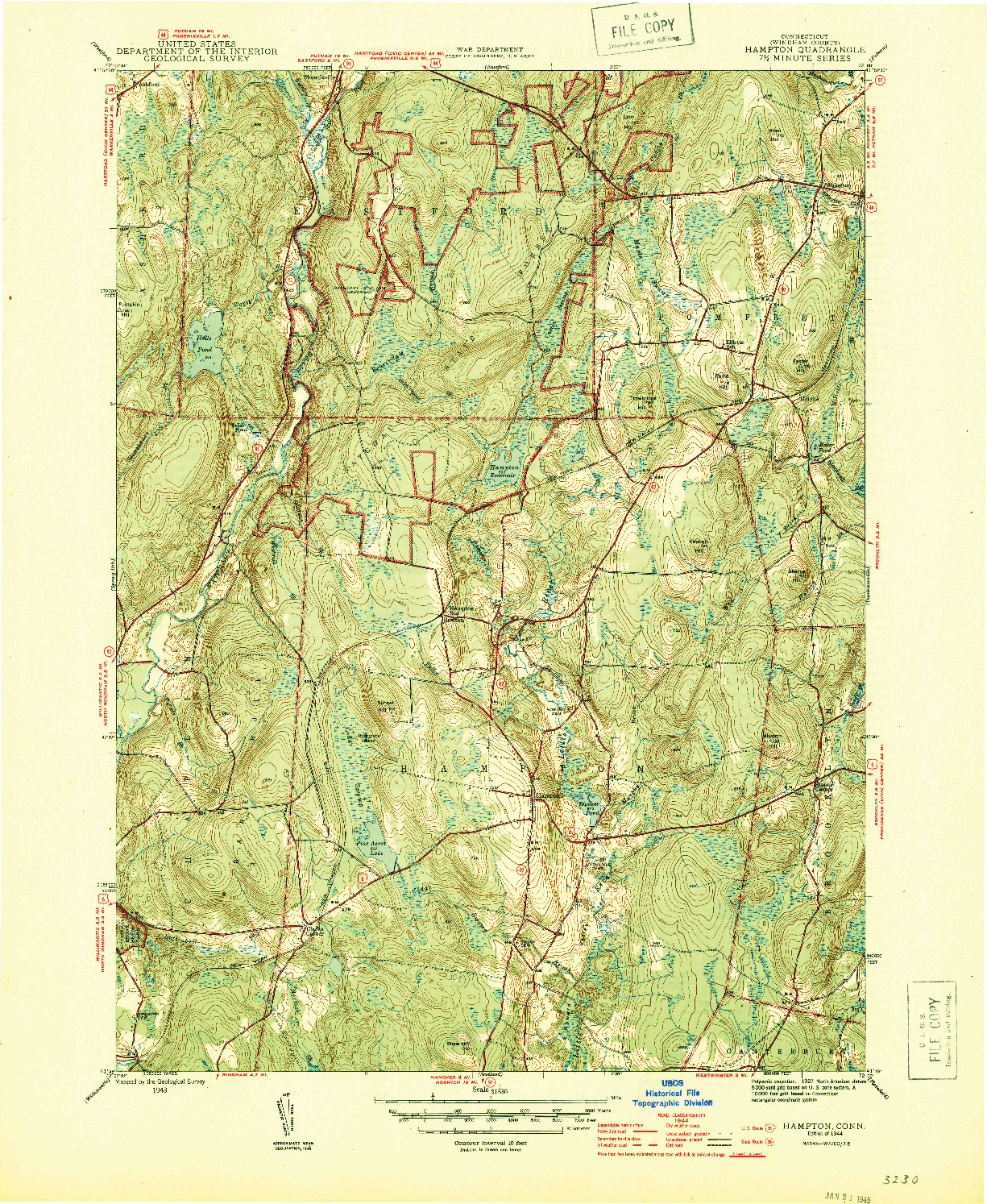 USGS 1:31680-SCALE QUADRANGLE FOR HAMPTON, CT 1944