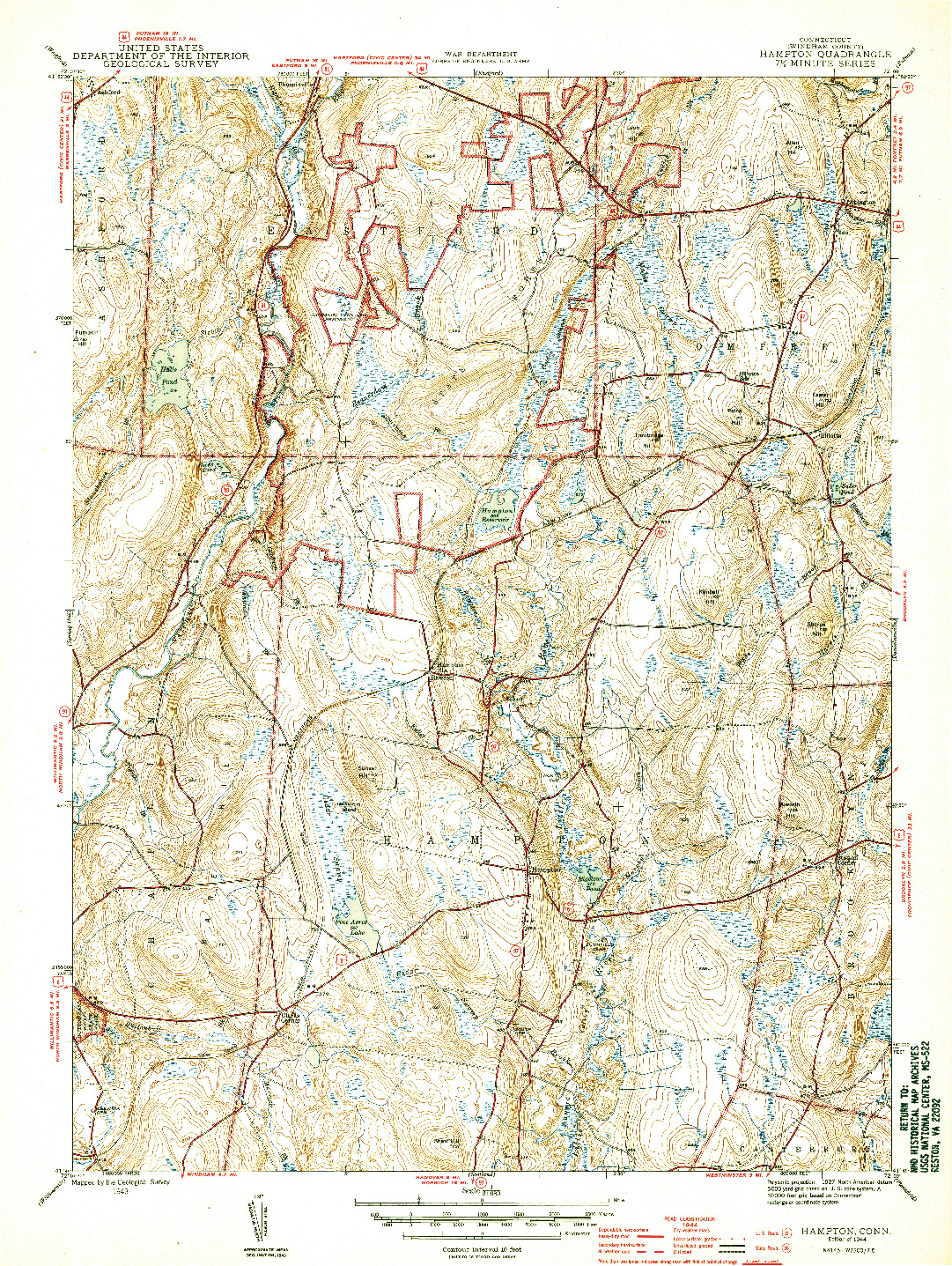 USGS 1:31680-SCALE QUADRANGLE FOR HAMPTON, CT 1944