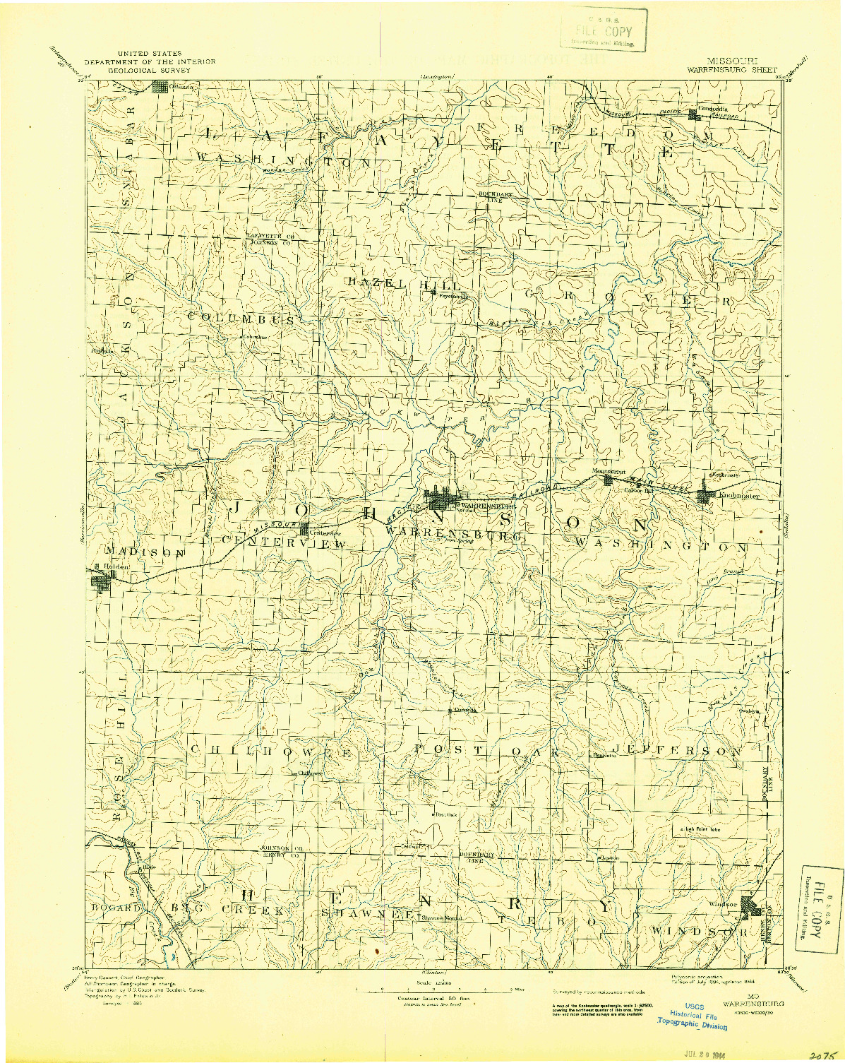 USGS 1:125000-SCALE QUADRANGLE FOR WARRENSBURG, MO 1894