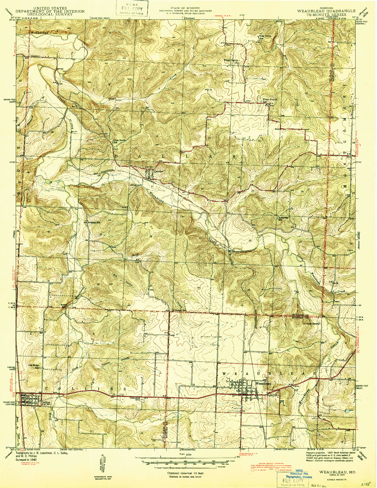 USGS 1:24000-SCALE QUADRANGLE FOR WEAUBLEAU, MO 1944