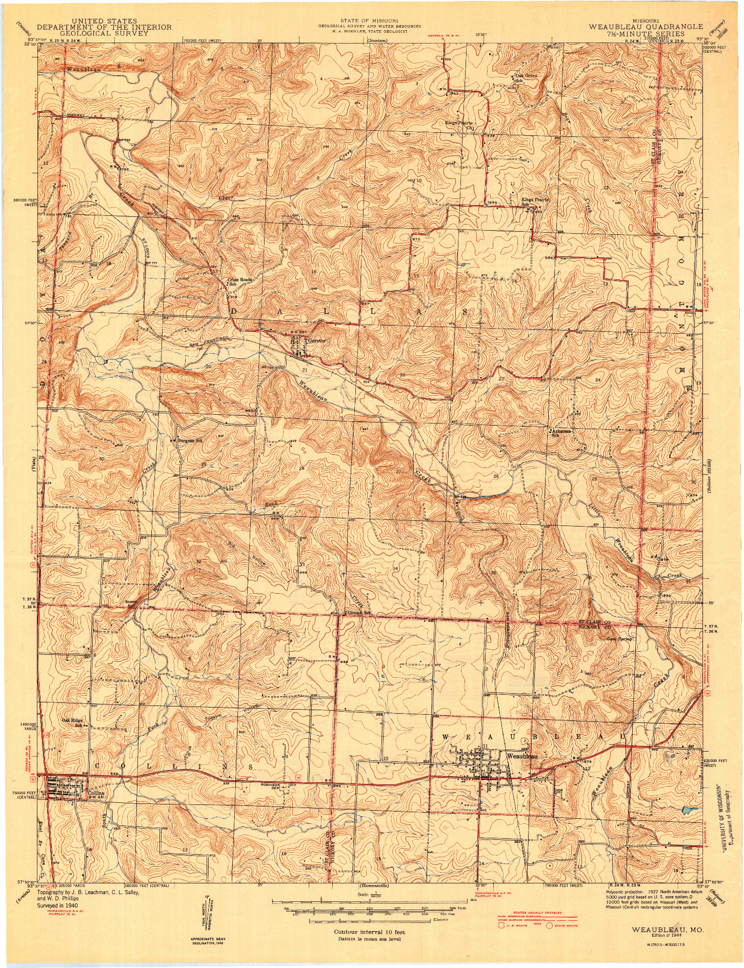 USGS 1:24000-SCALE QUADRANGLE FOR WEAUBLEAU, MO 1944