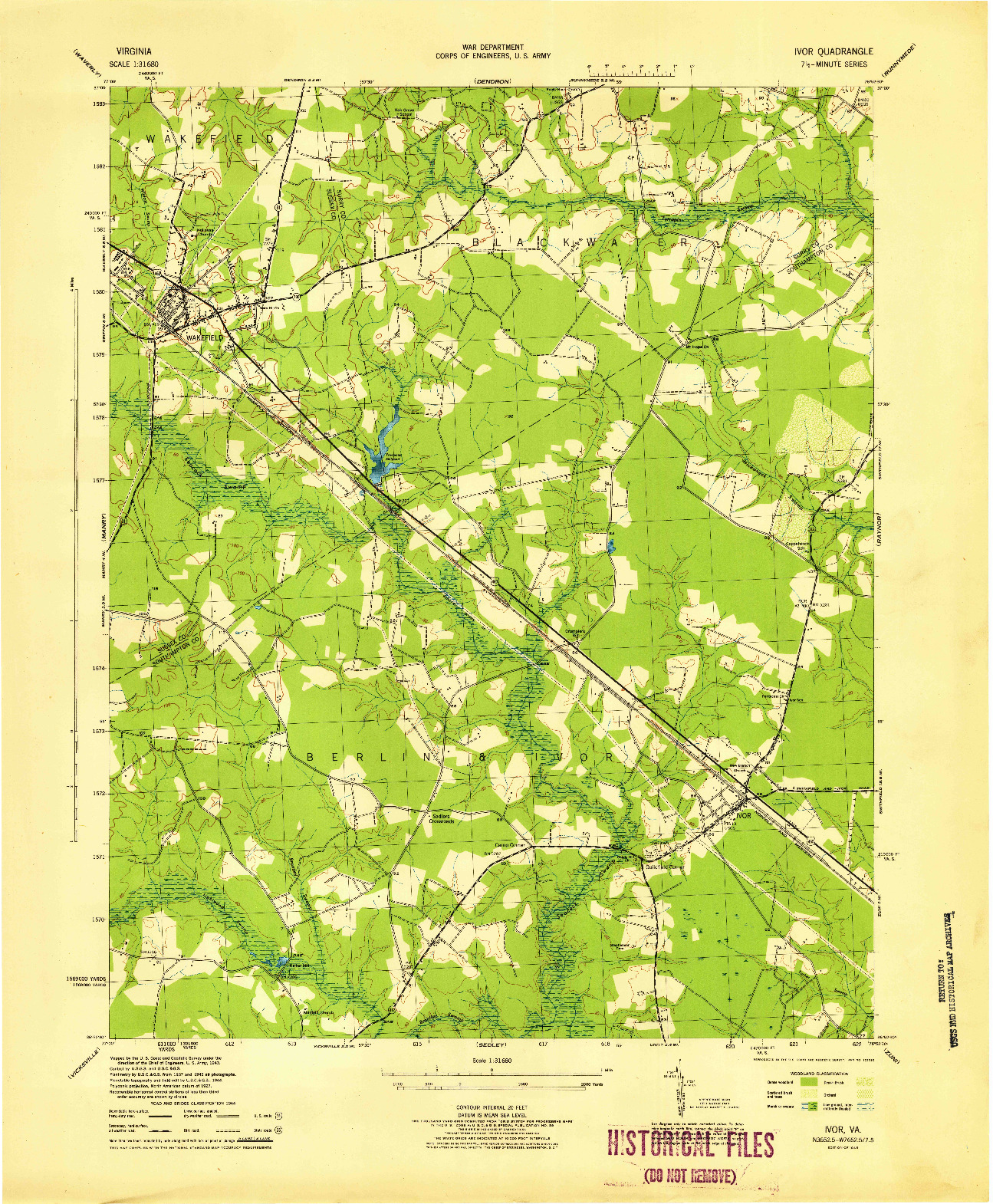 USGS 1:31680-SCALE QUADRANGLE FOR IVOR, VA 1945