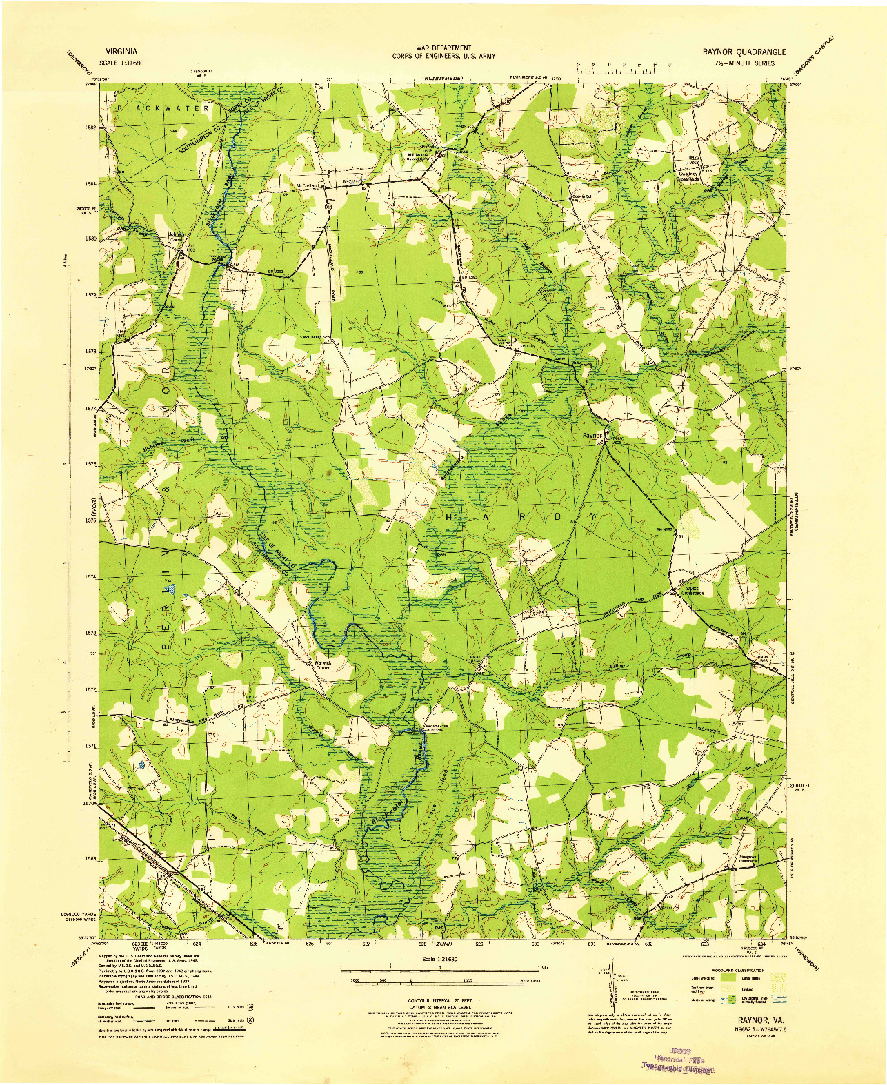 USGS 1:31680-SCALE QUADRANGLE FOR RAYNOR, VA 1945