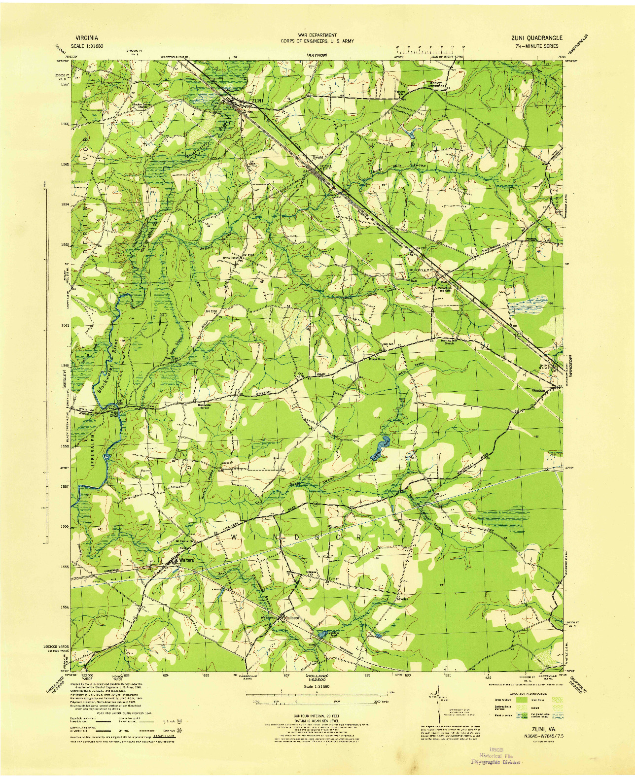USGS 1:31680-SCALE QUADRANGLE FOR ZUNI, VA 1945