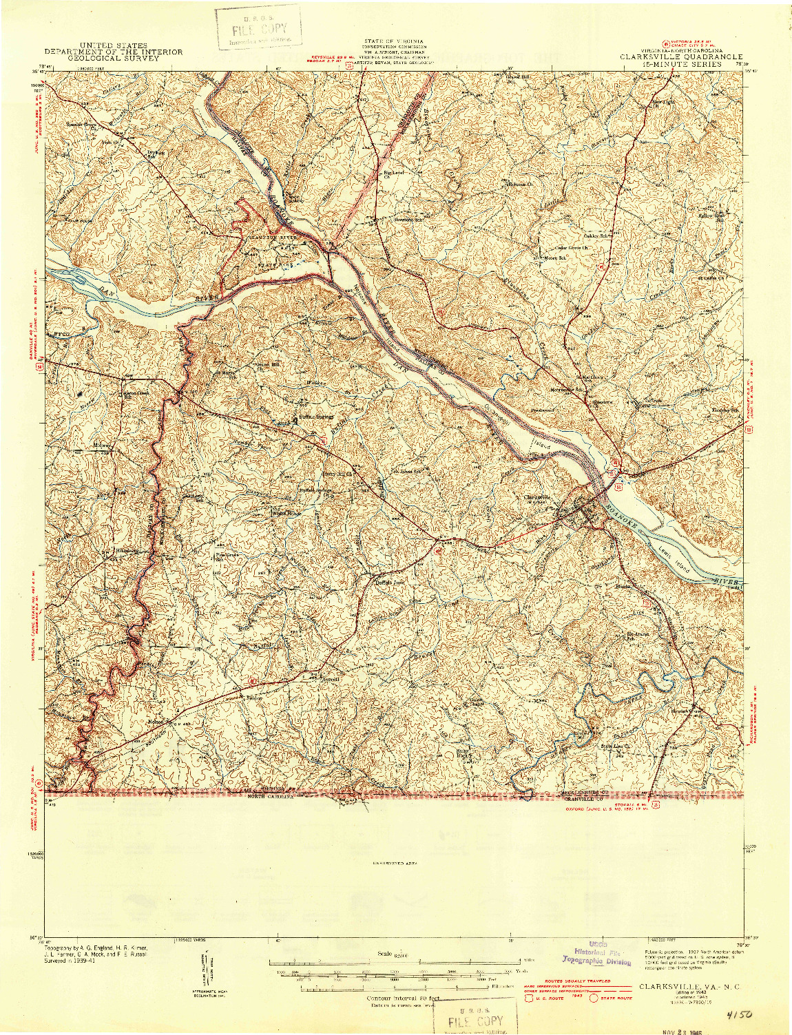 USGS 1:62500-SCALE QUADRANGLE FOR CLARKSVILLE, VA 1943