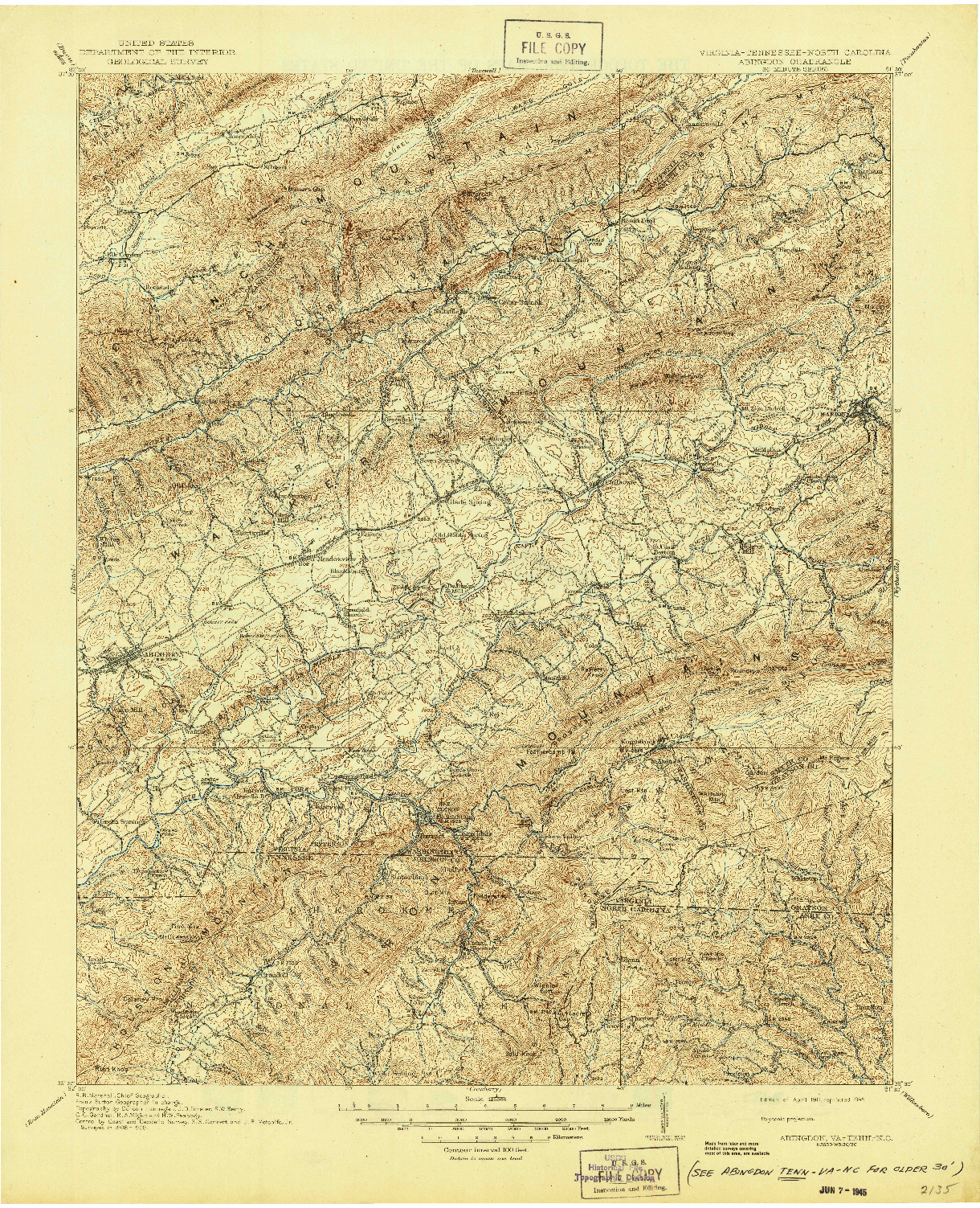 USGS 1:125000-SCALE QUADRANGLE FOR ABINGDON, VA 1911