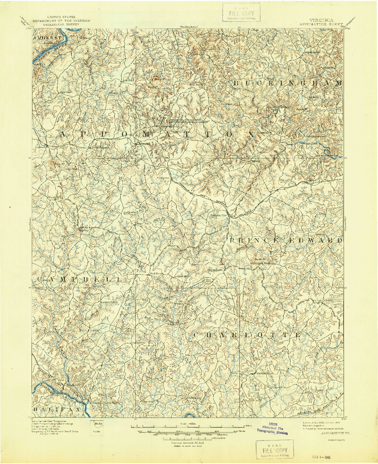 USGS 1:125000-SCALE QUADRANGLE FOR APPOMATTOX, VA 1892