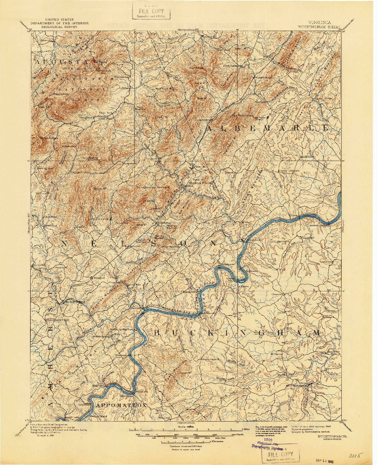 USGS 1:125000-SCALE QUADRANGLE FOR BUCKINGHAM, VA 1892