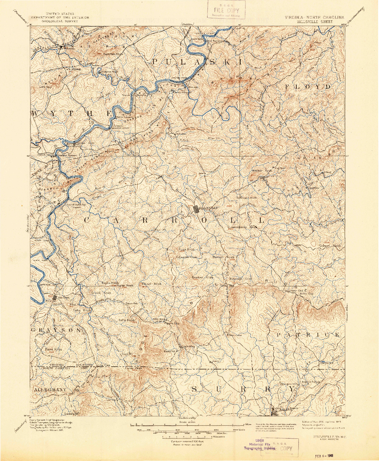 USGS 1:125000-SCALE QUADRANGLE FOR HILLSVILLE, VA 1896