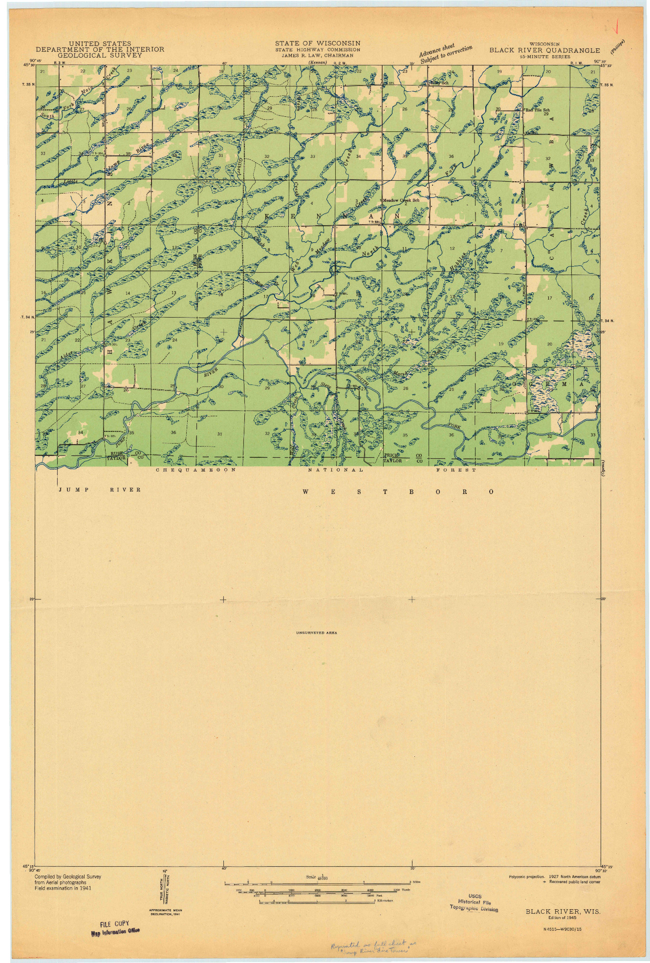 USGS 1:48000-SCALE QUADRANGLE FOR BLACK RIVER, WI 1945