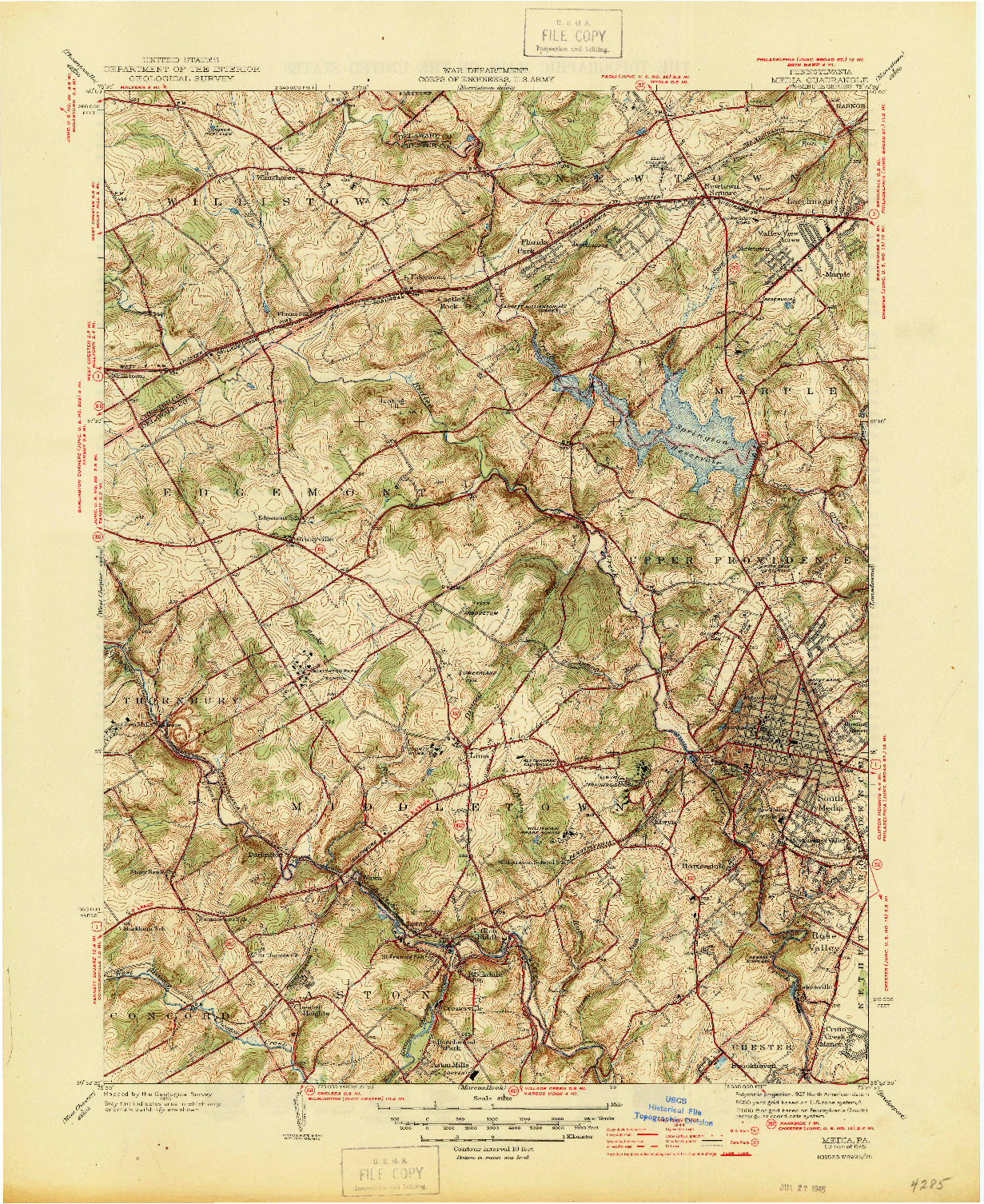 USGS 1:31680-SCALE QUADRANGLE FOR MEDIA, PA 1945