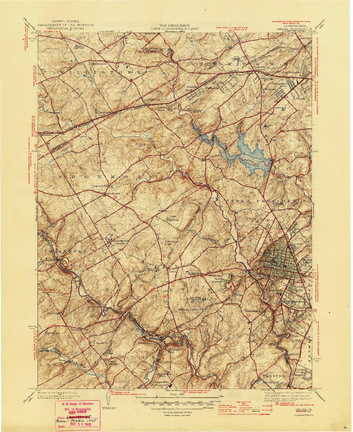 USGS 1:31680-SCALE QUADRANGLE FOR MEDIA, PA 1945