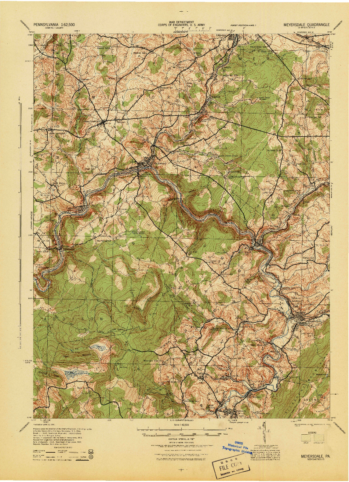 USGS 1:62500-SCALE QUADRANGLE FOR MEYERSDALE, PA 1944