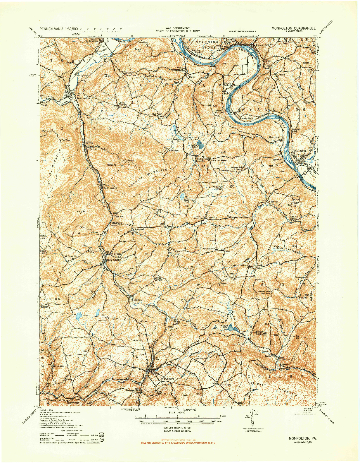 USGS 1:62500-SCALE QUADRANGLE FOR MONROETON, PA 1943
