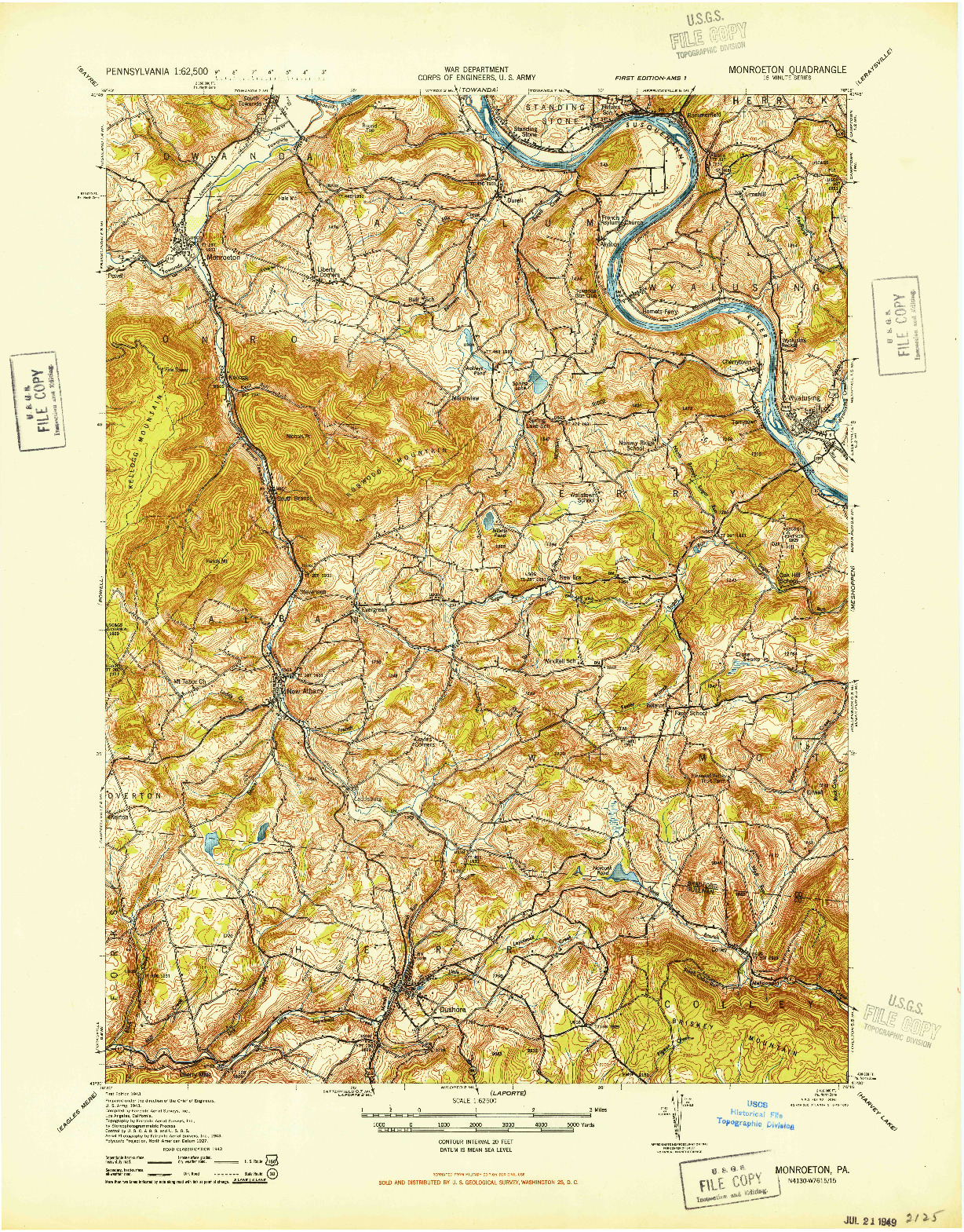 USGS 1:62500-SCALE QUADRANGLE FOR MONROETON, PA 1943