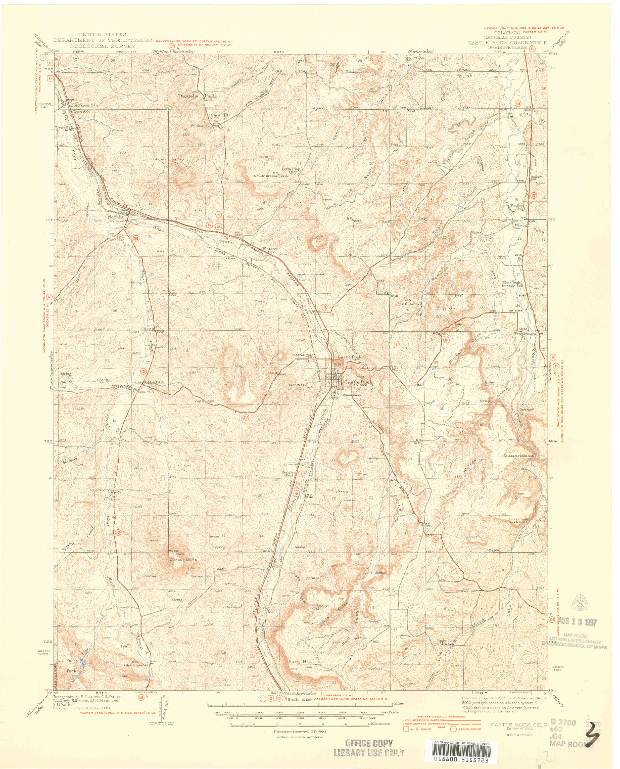 USGS 1:62500-SCALE QUADRANGLE FOR CASTLE ROCK, CO 1945