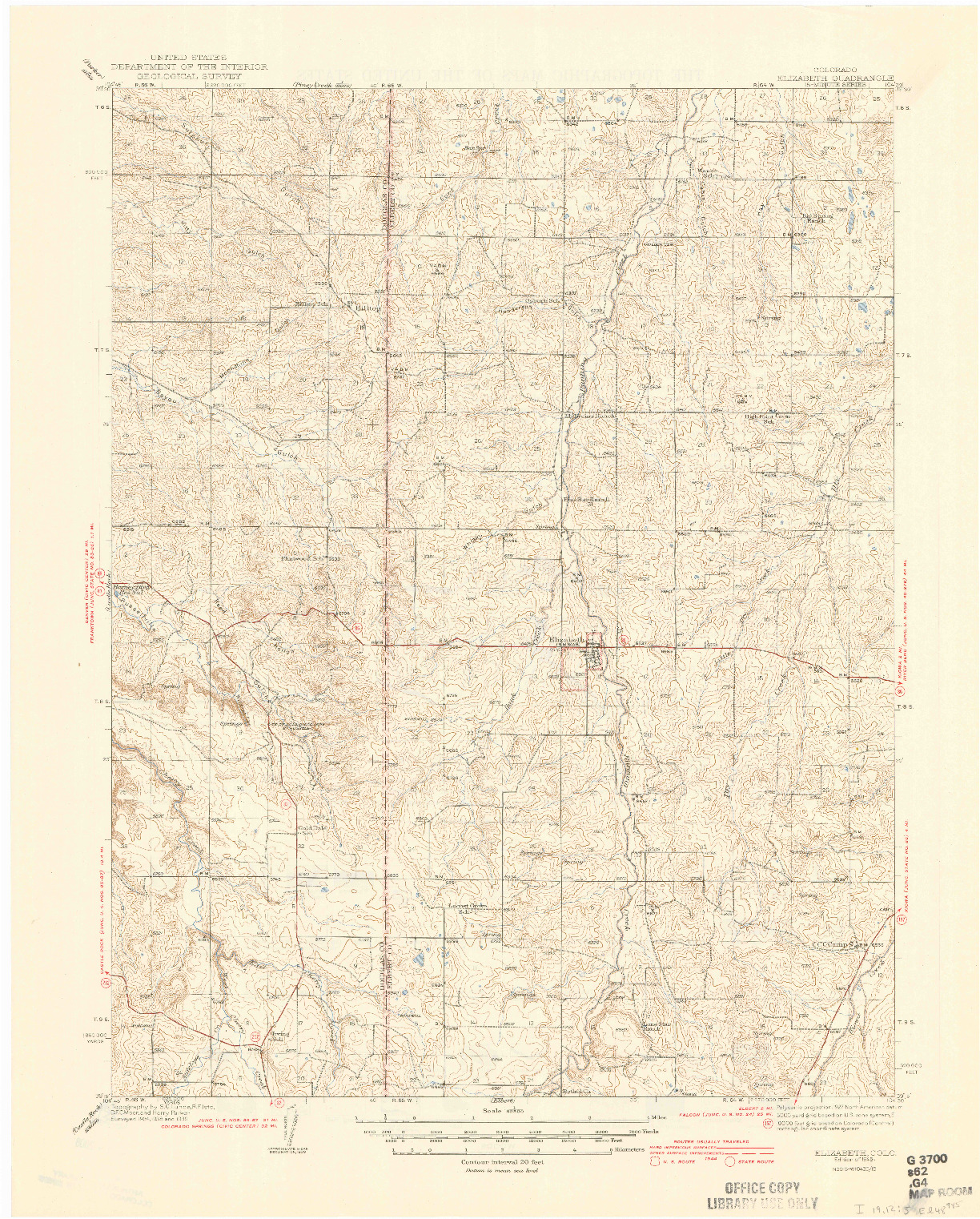 USGS 1:62500-SCALE QUADRANGLE FOR ELIZABETH, CO 1945