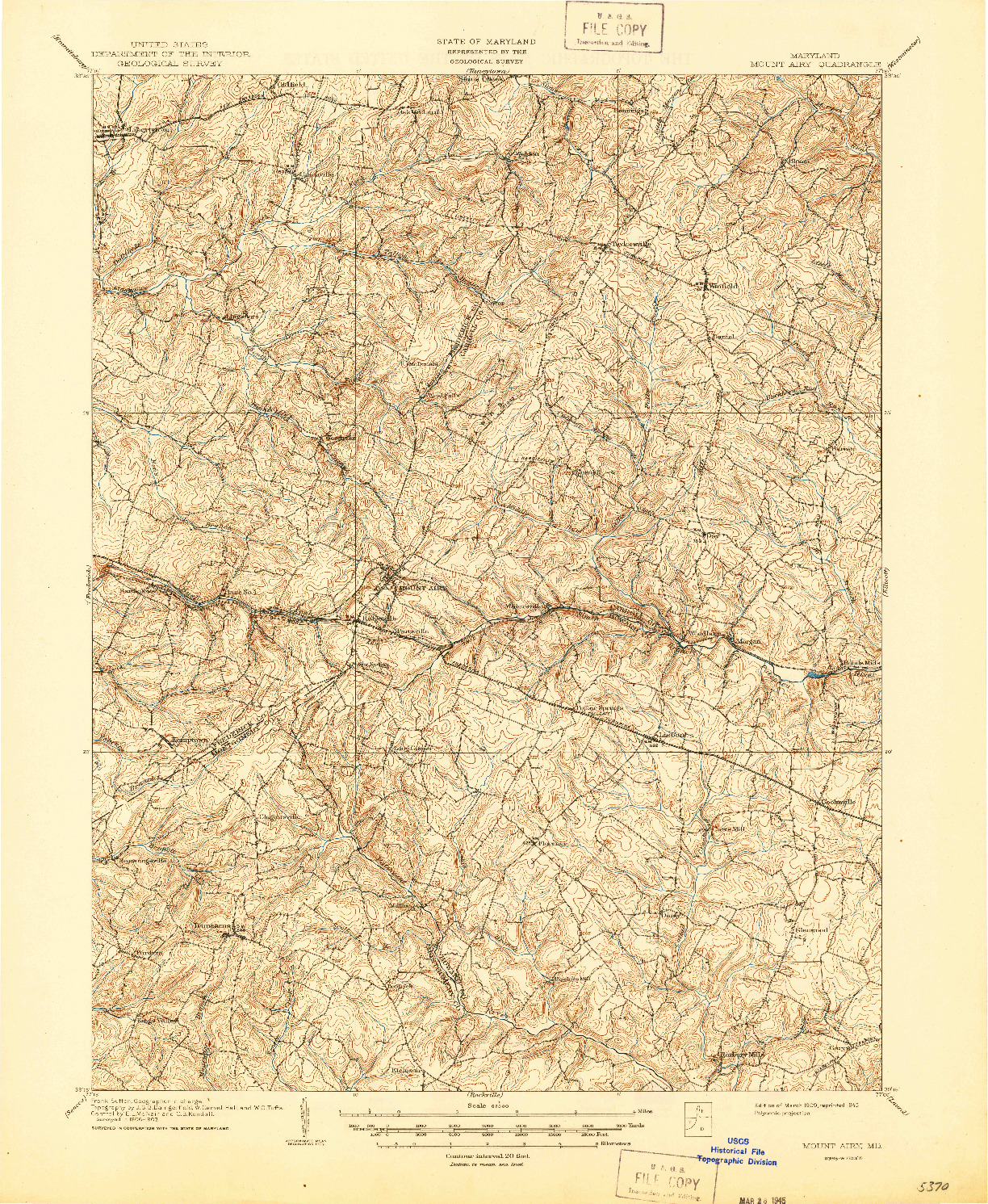 USGS 1:62500-SCALE QUADRANGLE FOR MOUNT AIRY, MD 1909