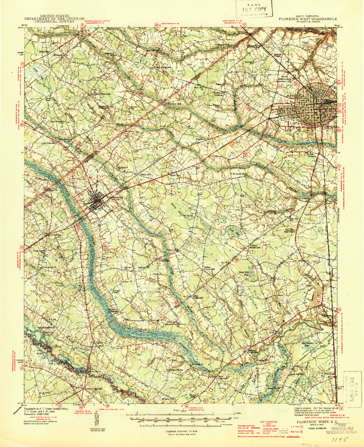 USGS 1:62500-SCALE QUADRANGLE FOR FLORENCE WEST, SC 1945