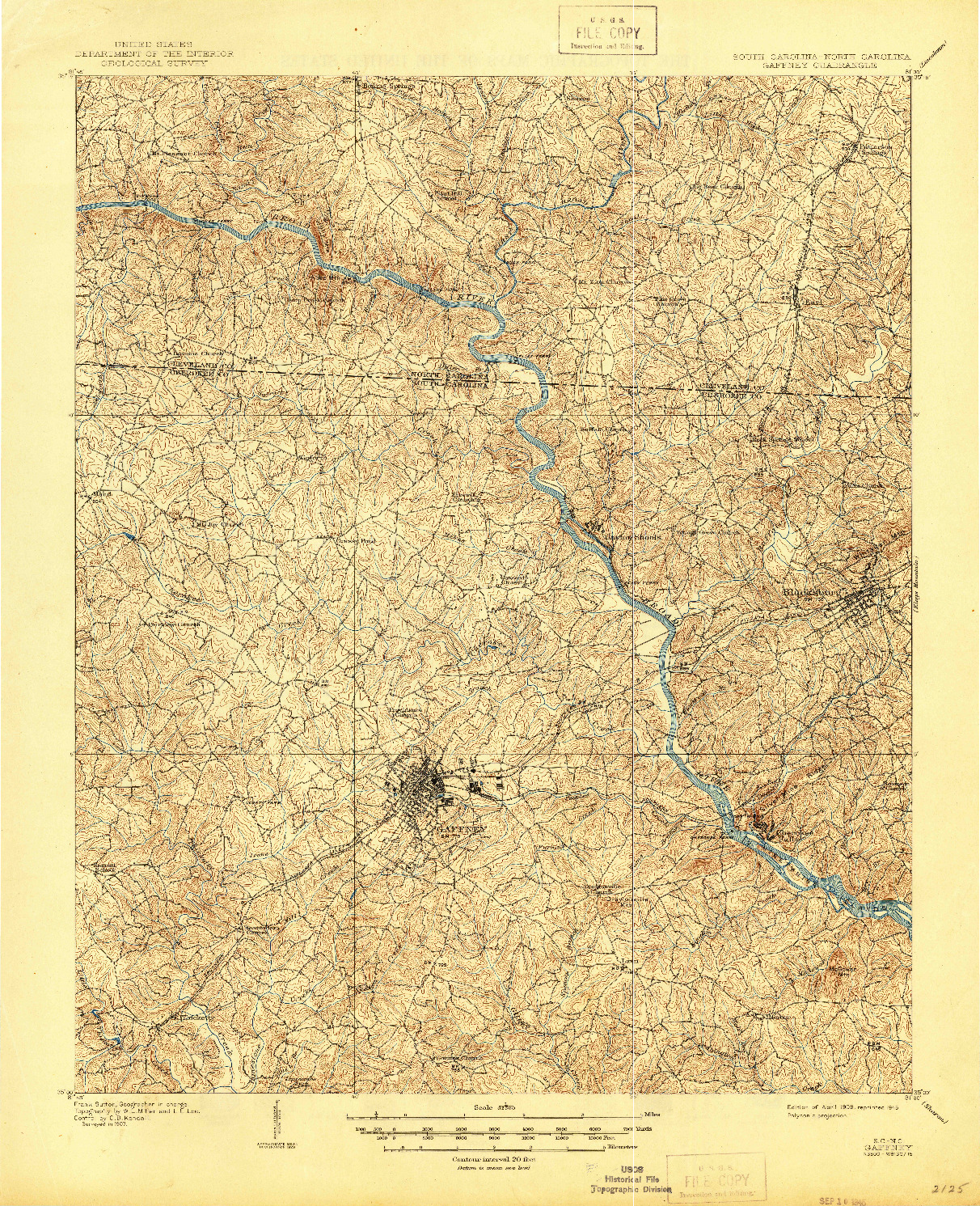 USGS 1:62500-SCALE QUADRANGLE FOR GAFFNEY, SC 1909