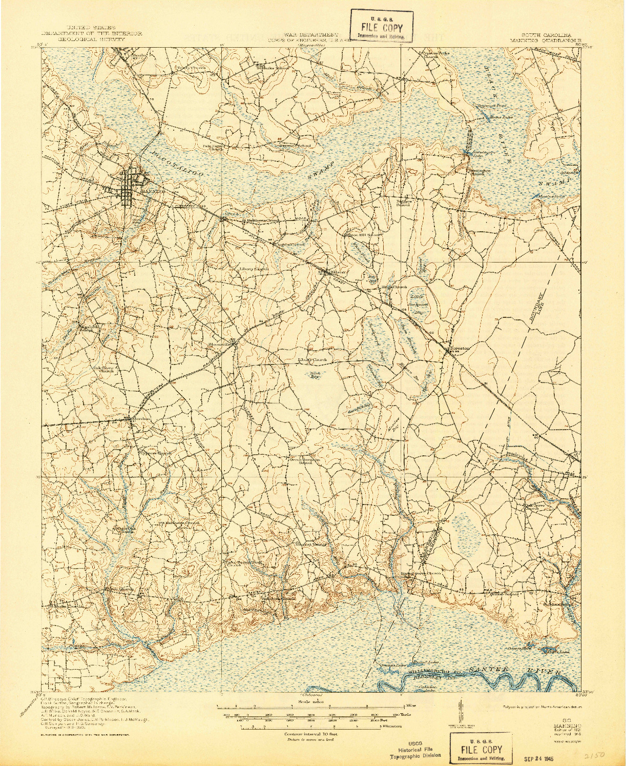 USGS 1:62500-SCALE QUADRANGLE FOR MANNING, SC 1921