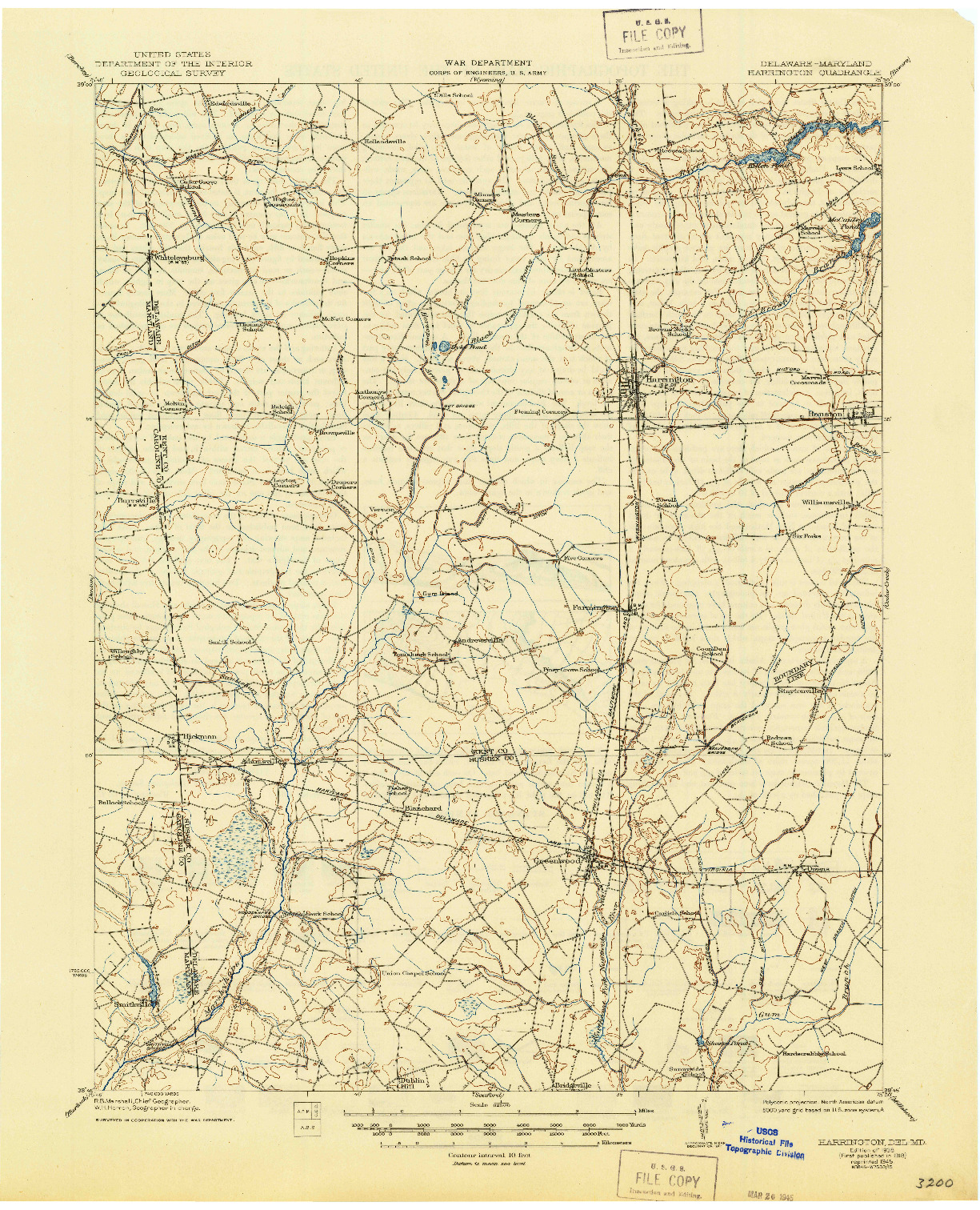 USGS 1:62500-SCALE QUADRANGLE FOR HARRINGTON, DE 1918